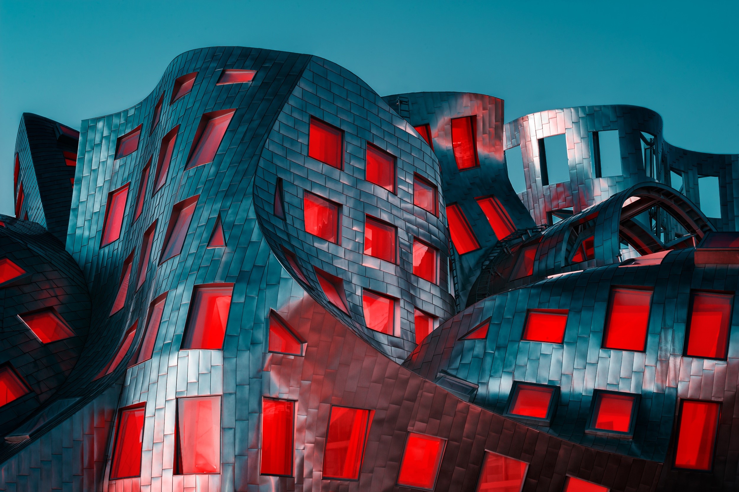 Curving modern building with red windows in Cleveland HD Wallpaper