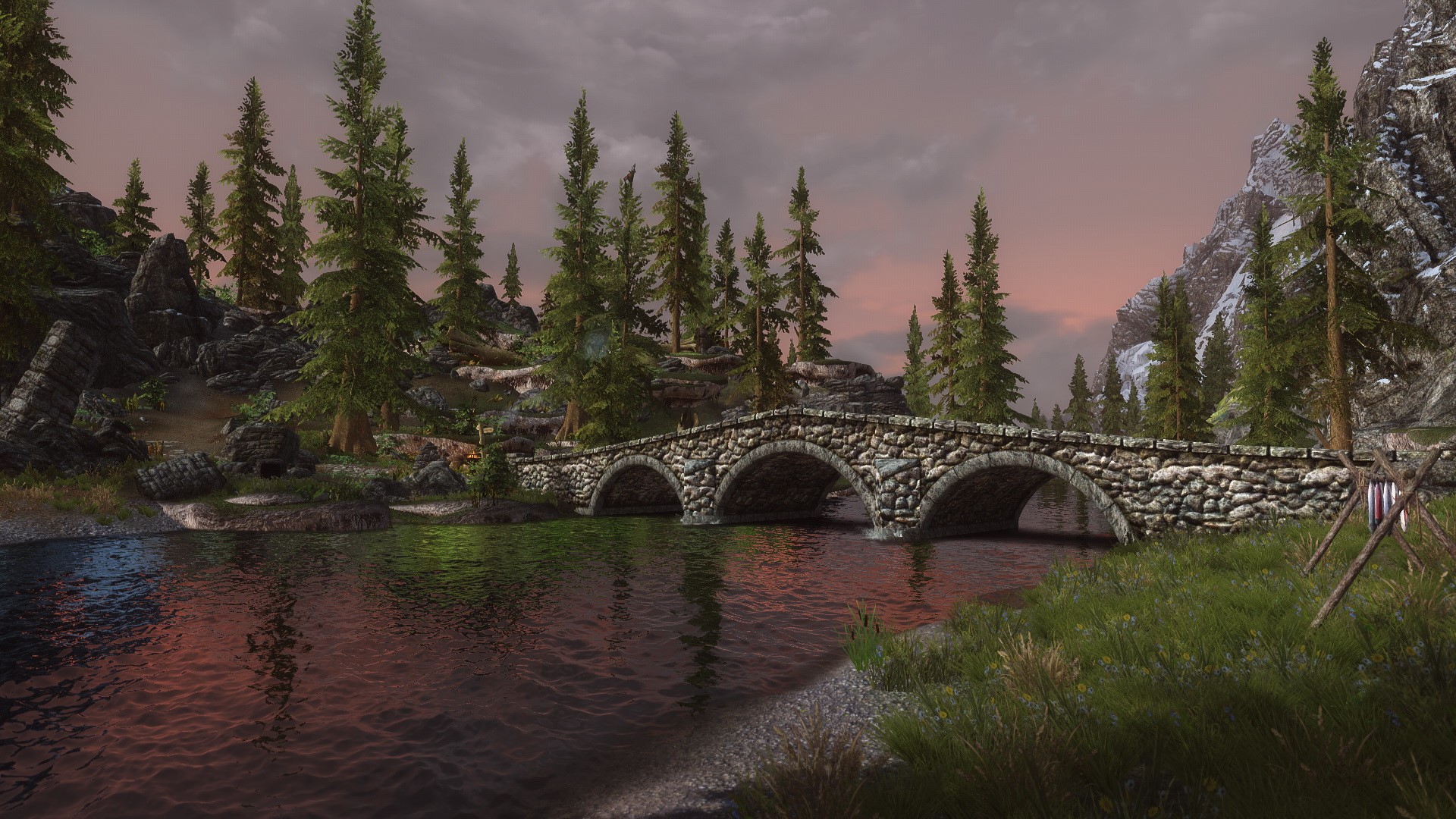 Stone bridge over a river in The Elder Scrolls V: Skyrim HD Wallpaper