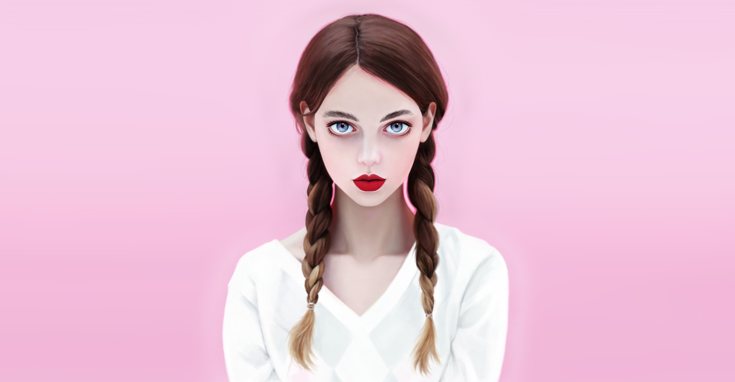 Artwork of a woman with braided hair and red lipstick HD Wallpaper