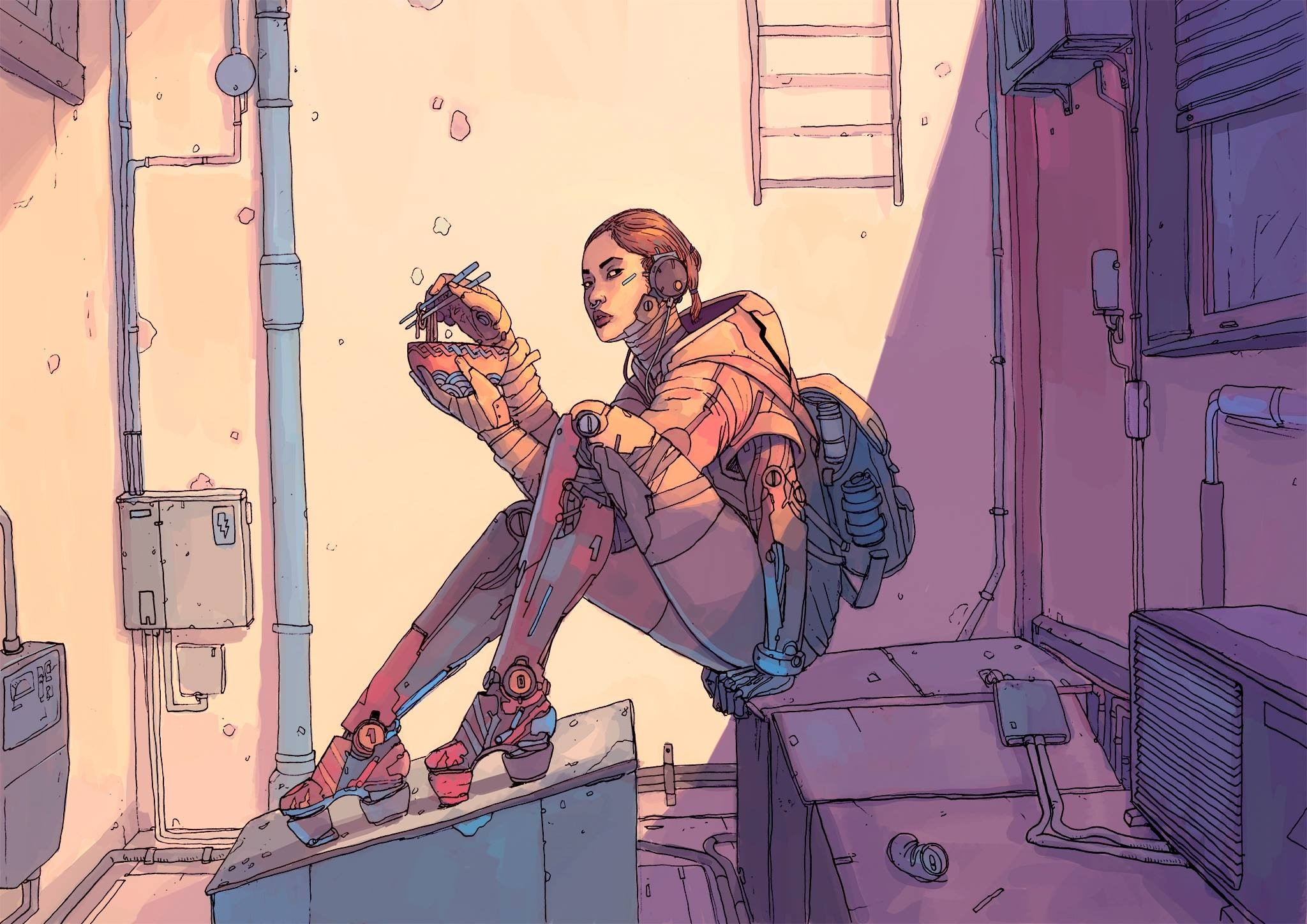 Futuristic robot girl eating noodles in alleyway HD Wallpaper