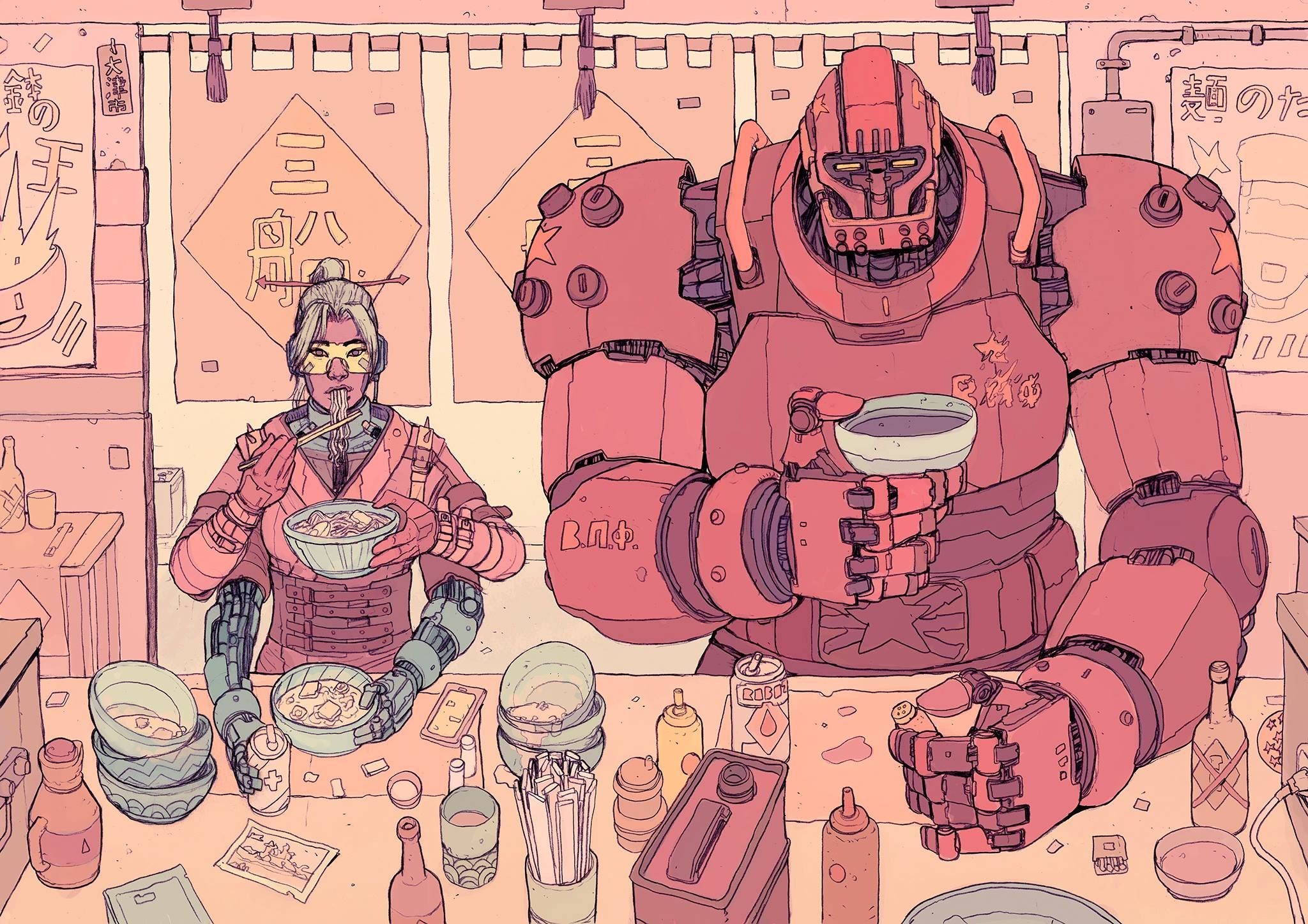 Robot and person eating noodles in a restaurant HD Wallpaper