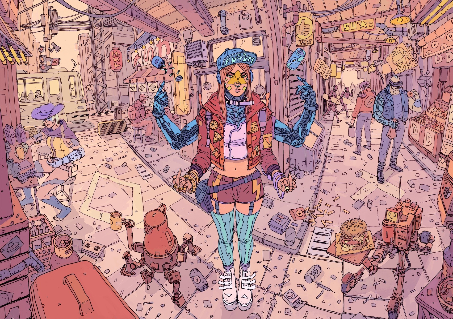 Cyberpunk street scene with a multi-armed woman and robots HD Wallpaper