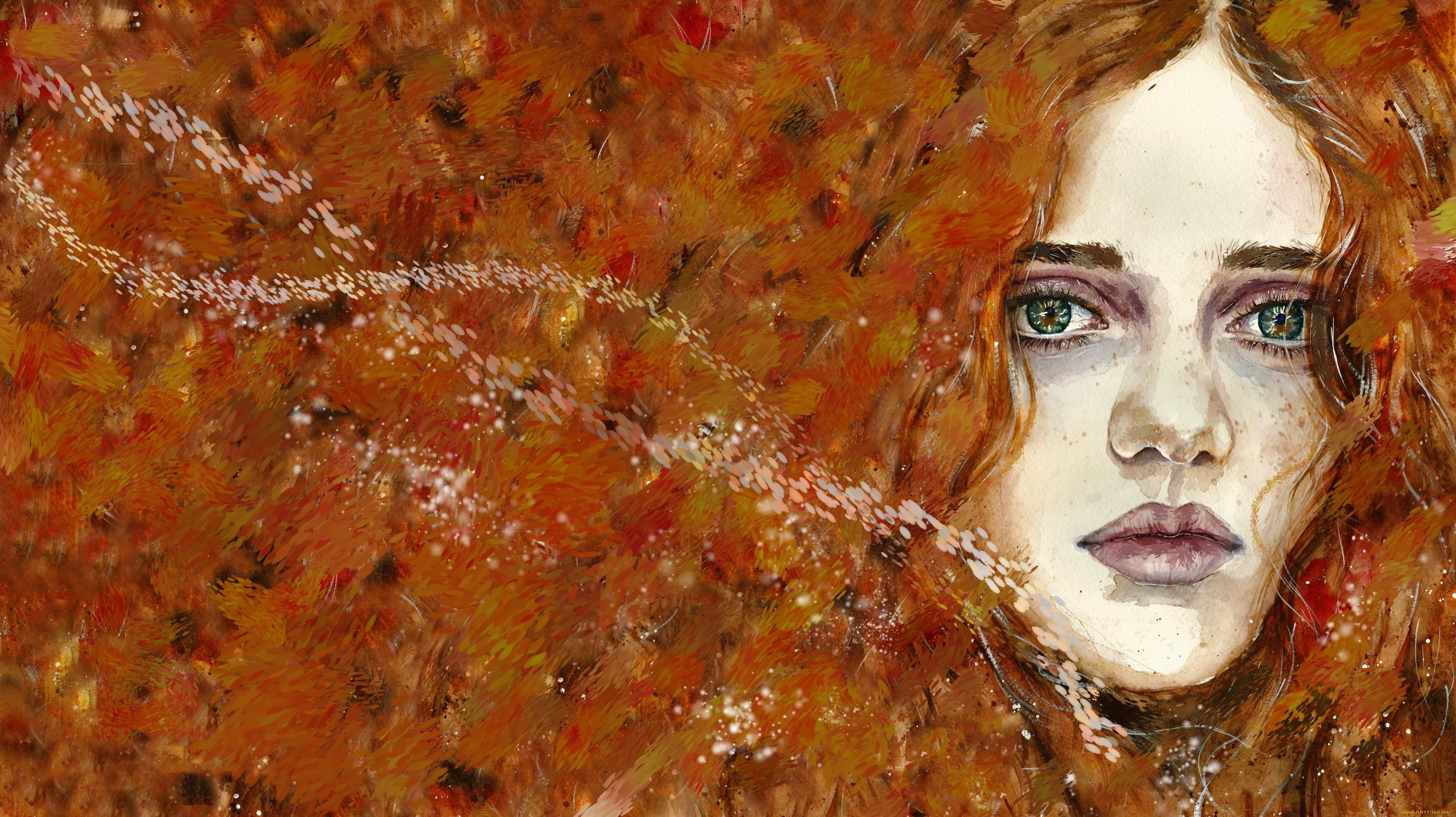Painting of a woman with red hair and green eyes HD Wallpaper