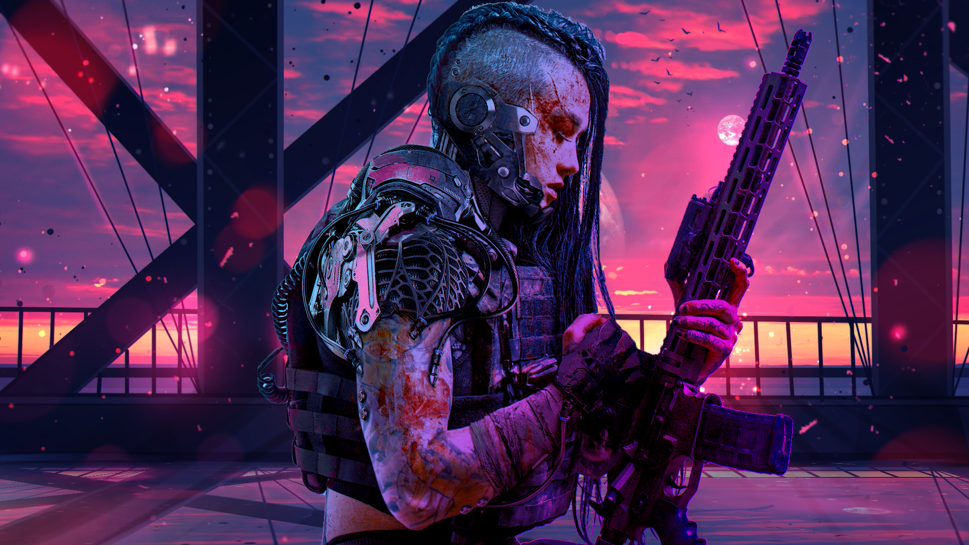 Woman with assault rifle in synthwave cityscape HD Wallpaper