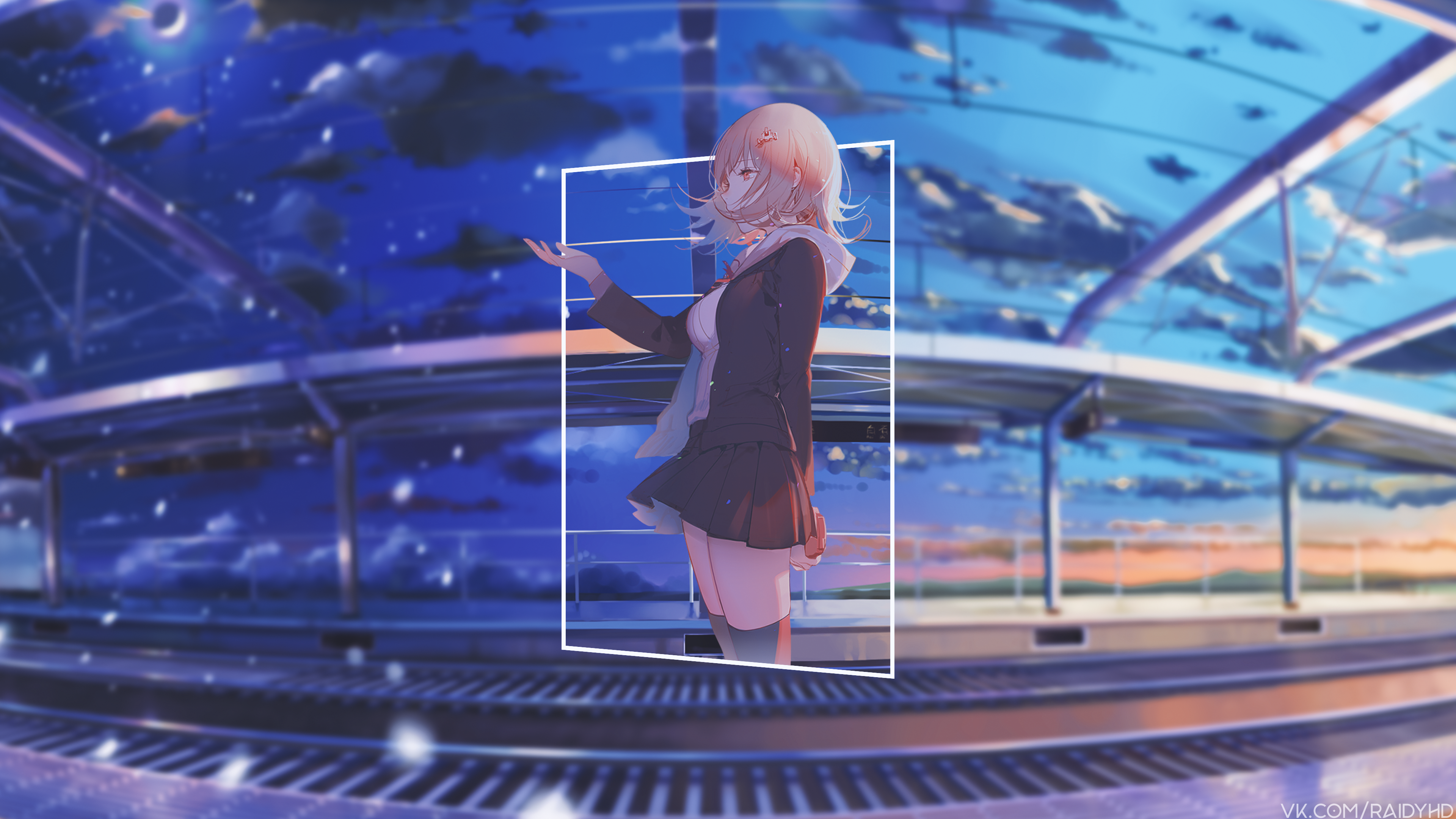 Anime girl on a train platform at sunset HD Wallpaper
