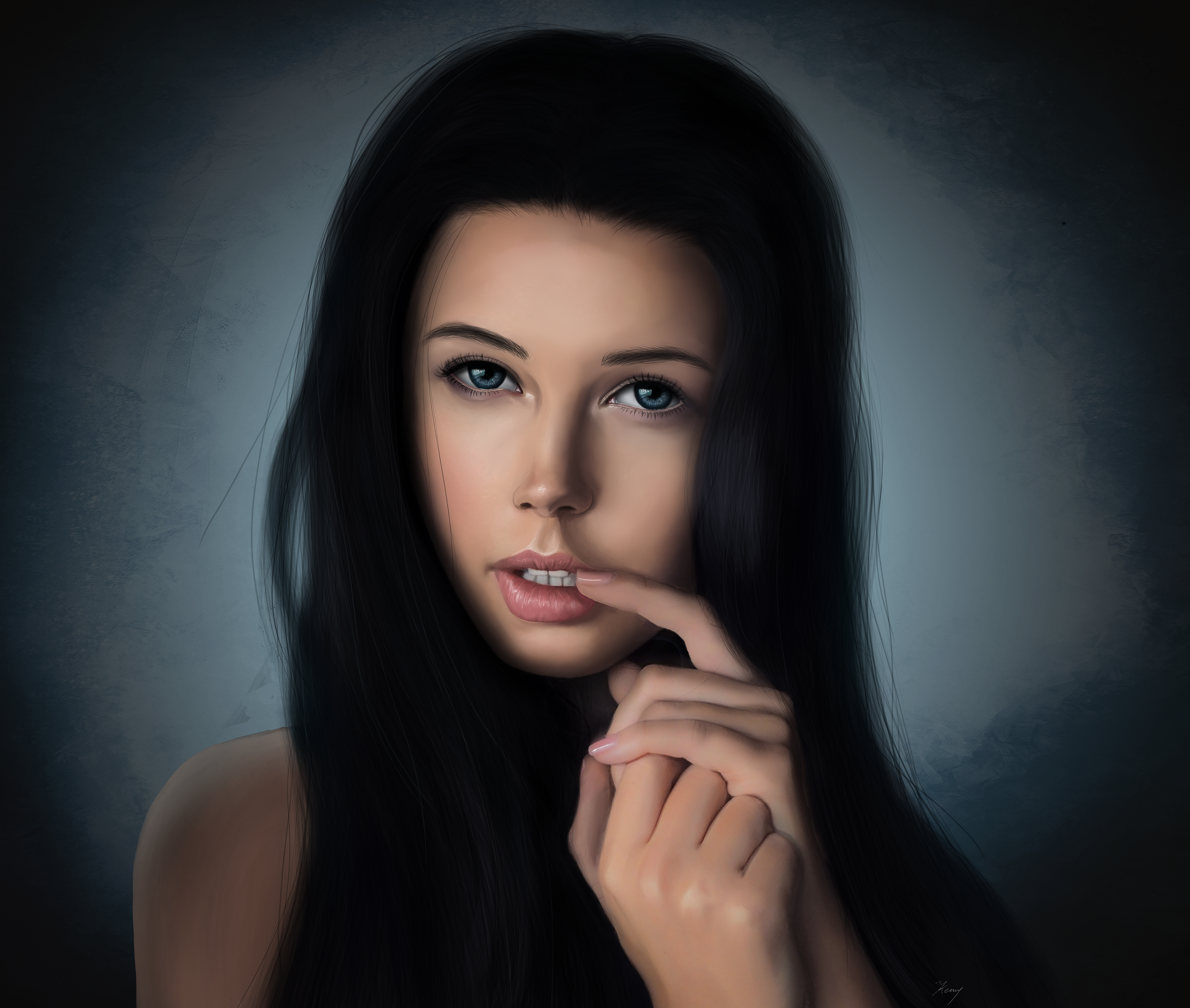 Portrait of a woman with dark hair and blue eyes HD Wallpaper