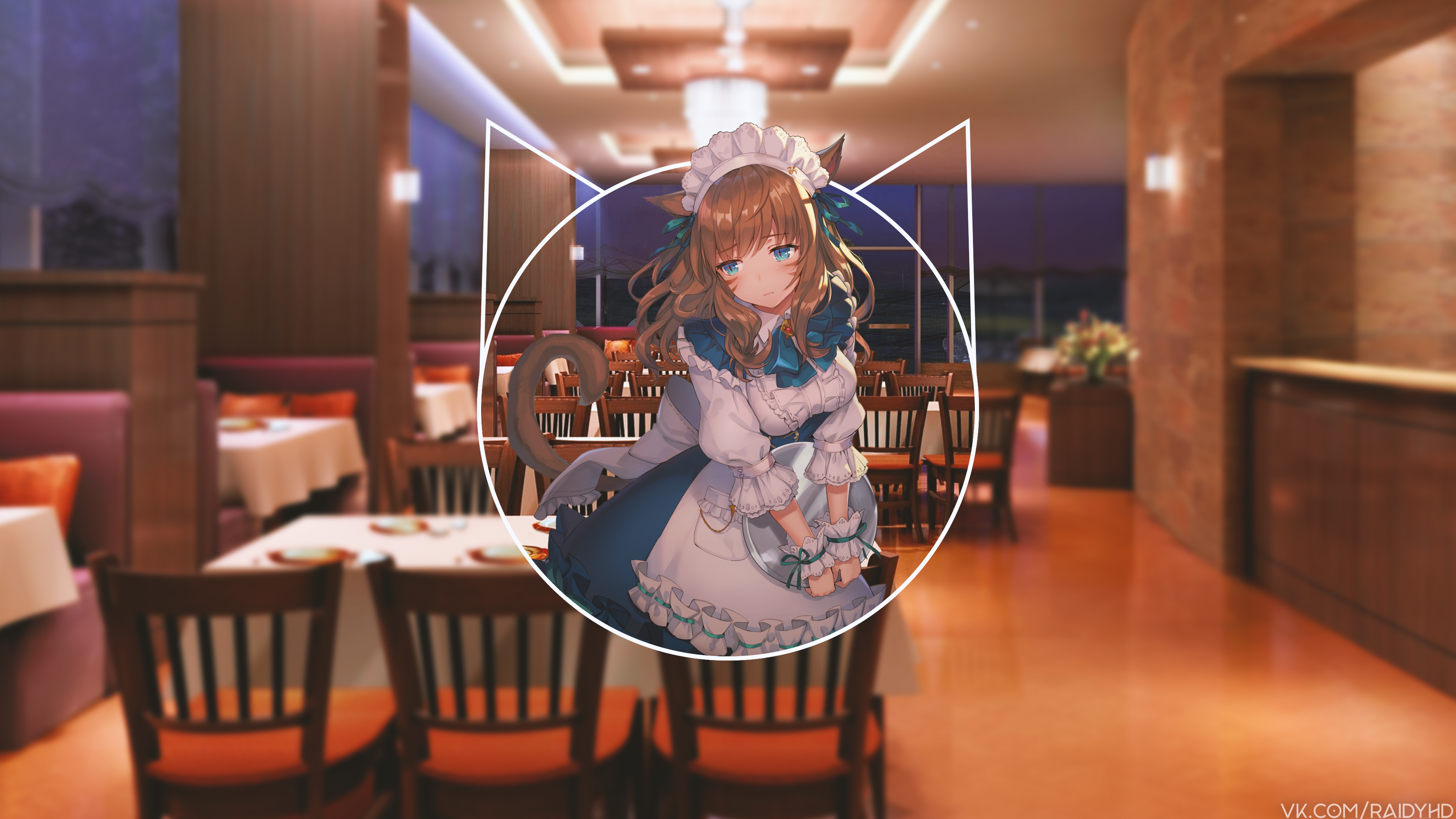 Anime cat girl maid in a restaurant HD Wallpaper