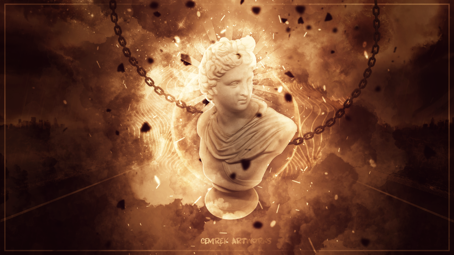Sculpture bust with chains and abstract background HD Wallpaper