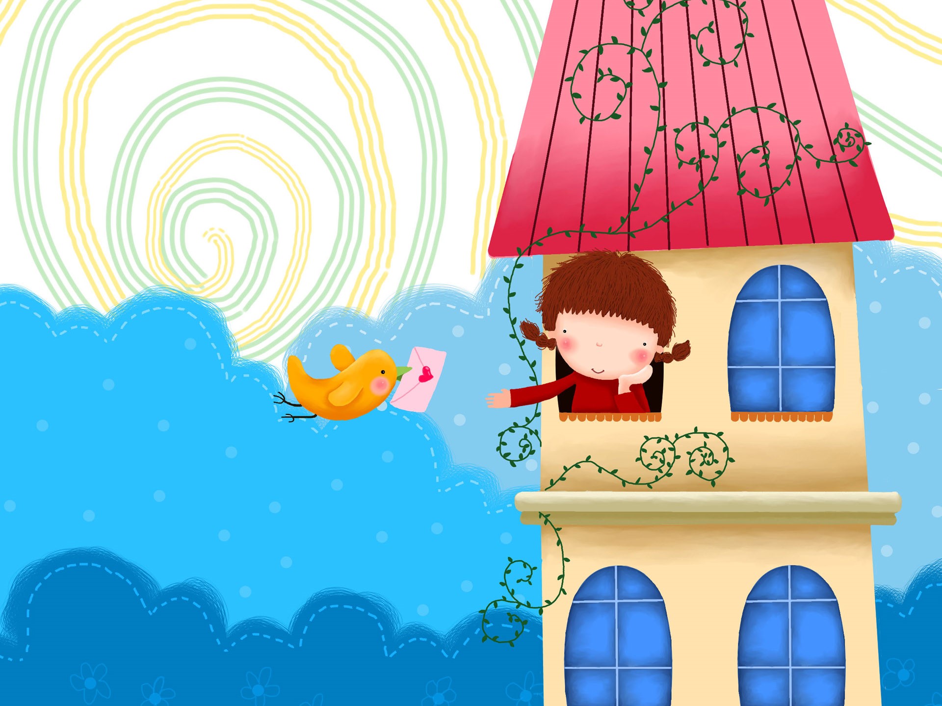 Girl in a house receiving a letter from a bird HD Wallpaper