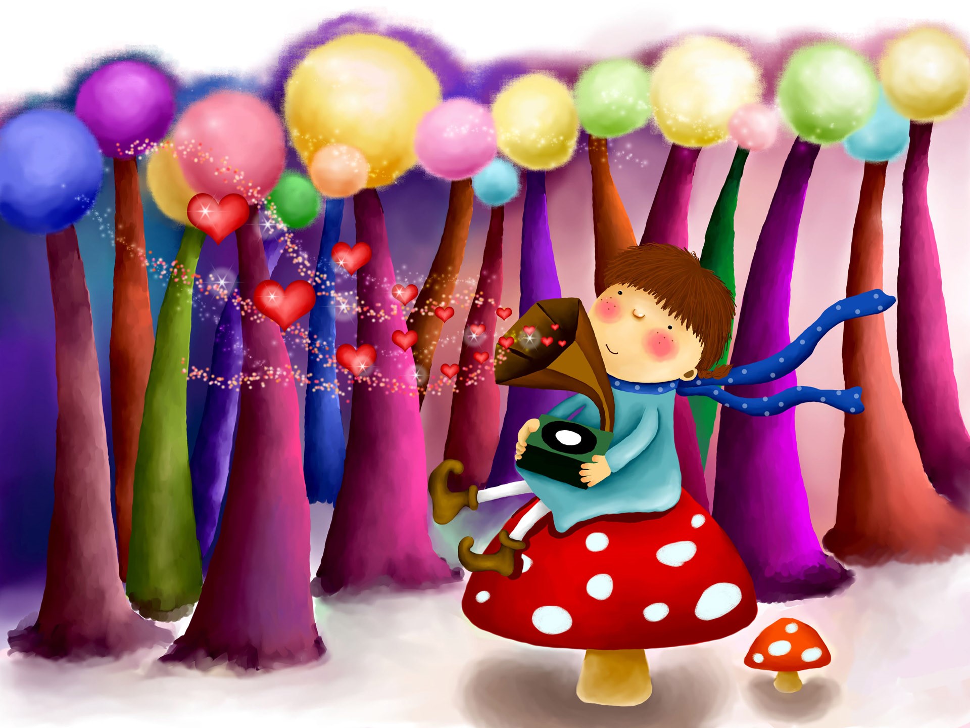 Girl with gramophone in a whimsical forest HD Wallpaper