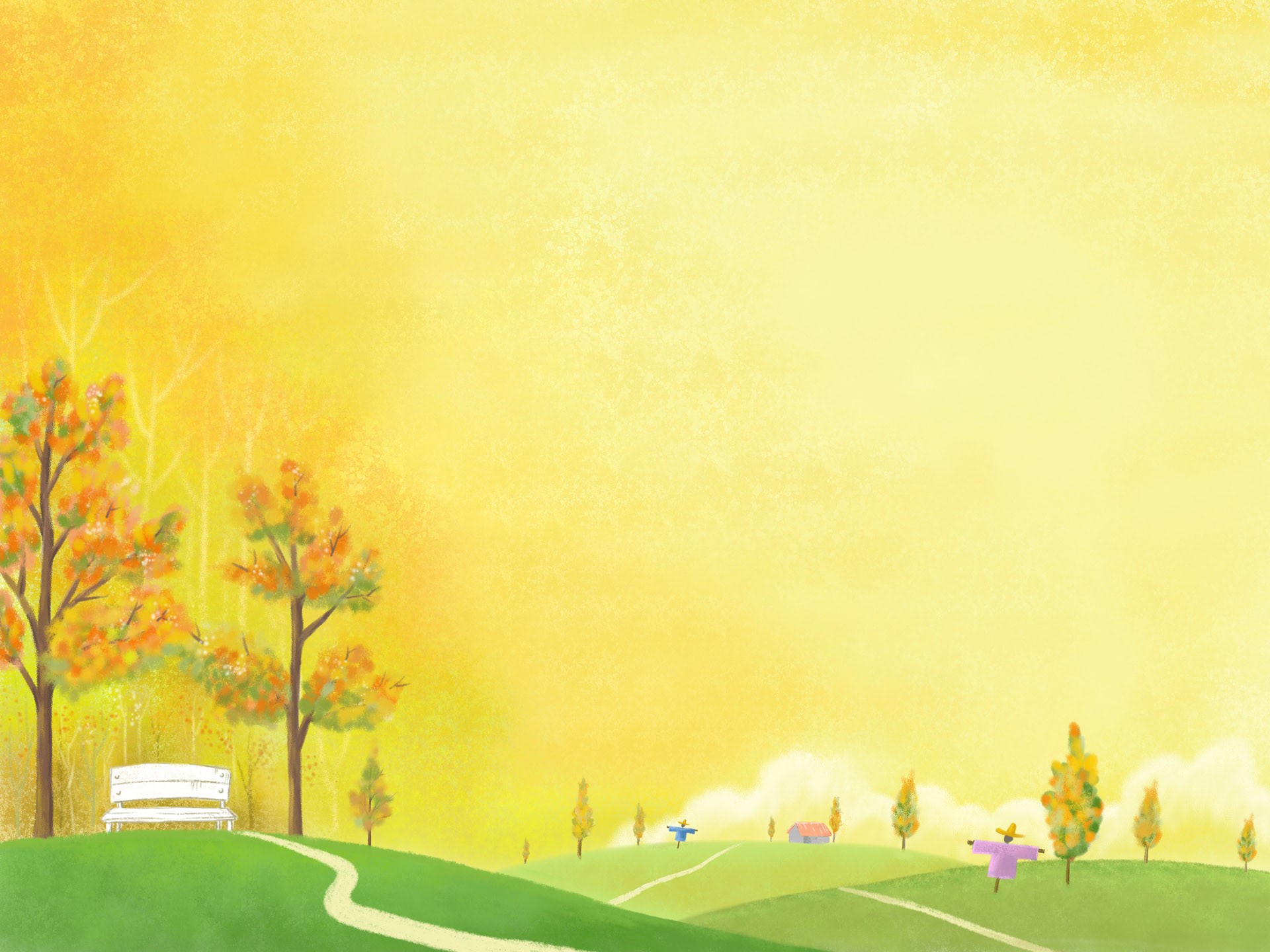 Autumn landscape with trees, scarecrows, and a bench HD Wallpaper