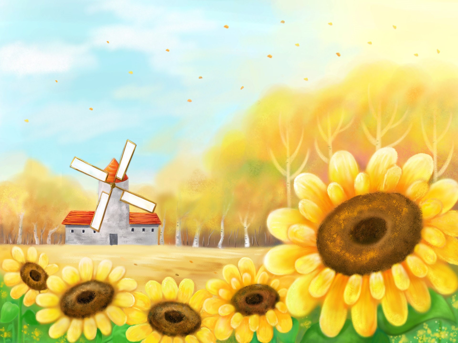 Illustration of a windmill and sunflowers HD Wallpaper