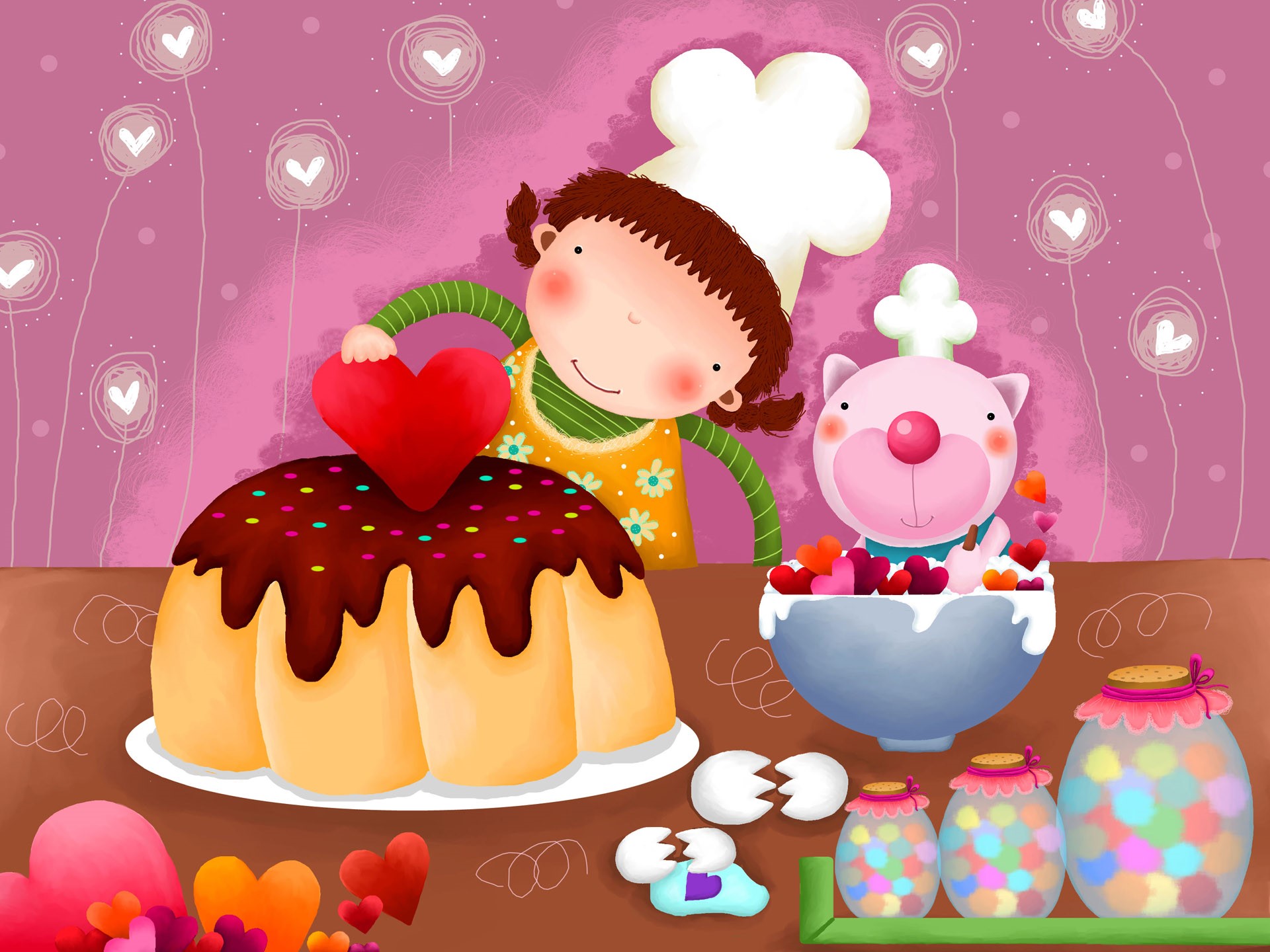 Girl and cat baking with hearts and cakes HD Wallpaper