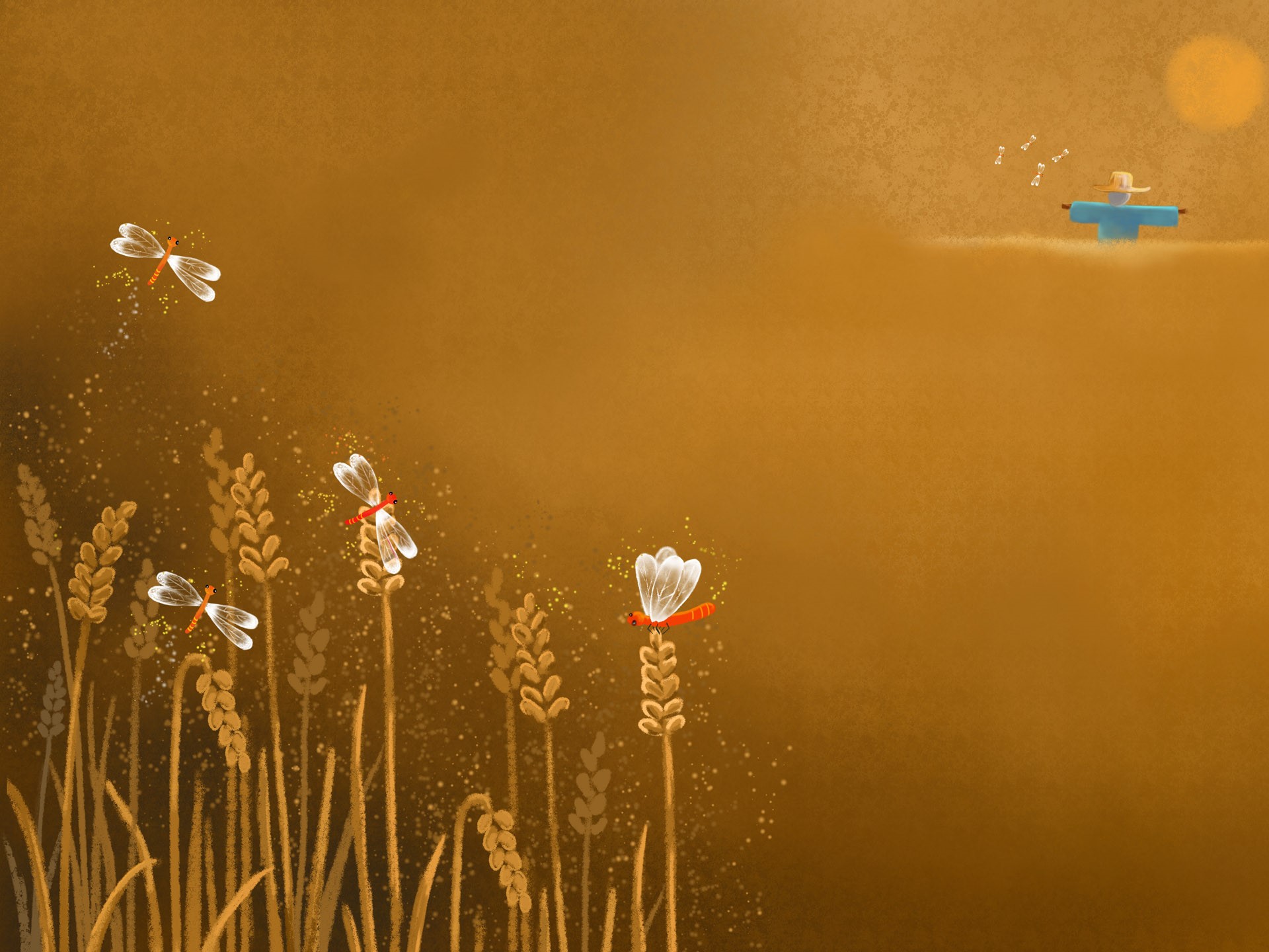 Dragonflies in a wheat field with a scarecrow HD Wallpaper