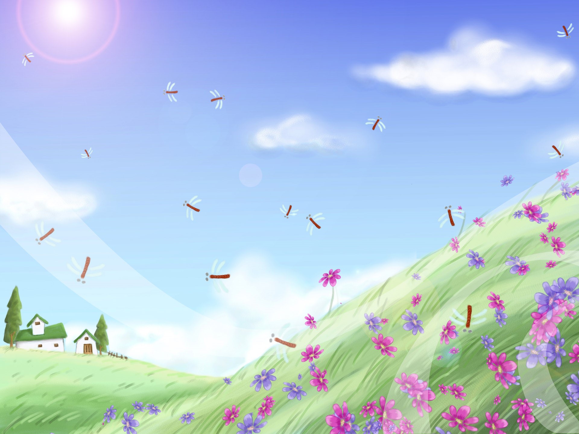 Illustration of a sunny meadow with flowers and dragonflies HD Wallpaper