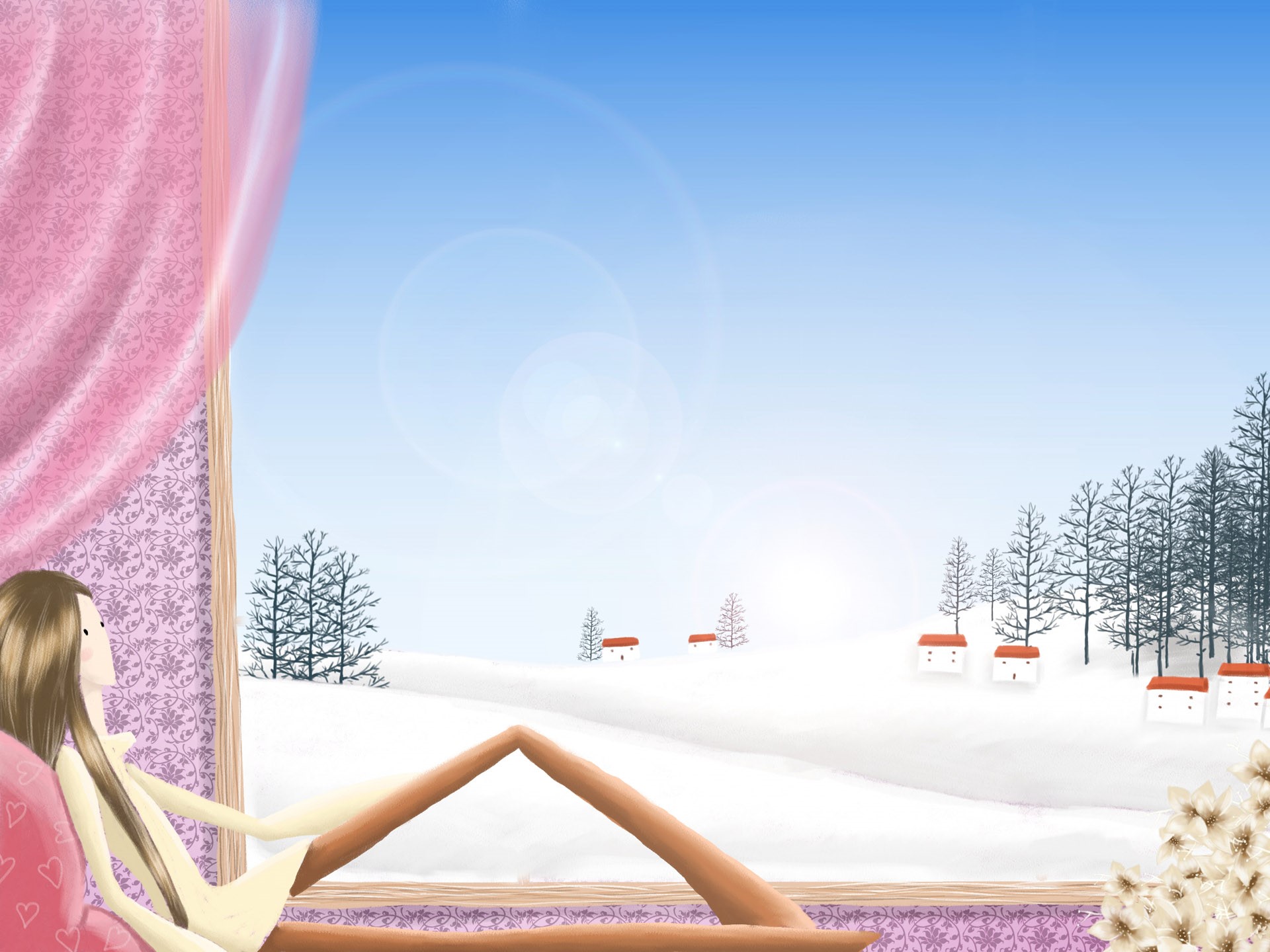 Girl looking out a window at a snowy village HD Wallpaper