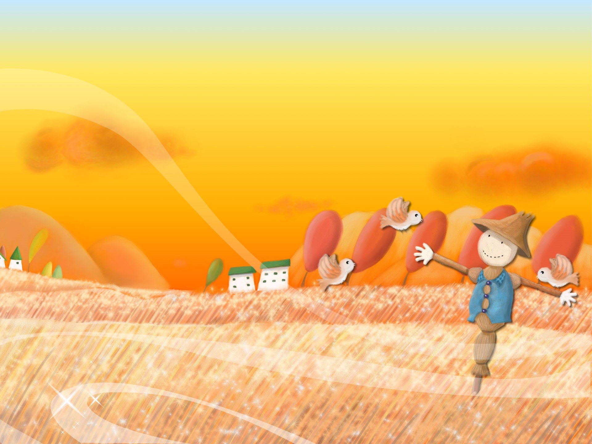 Illustration of a scarecrow in a wheat field with birds and houses HD Wallpaper
