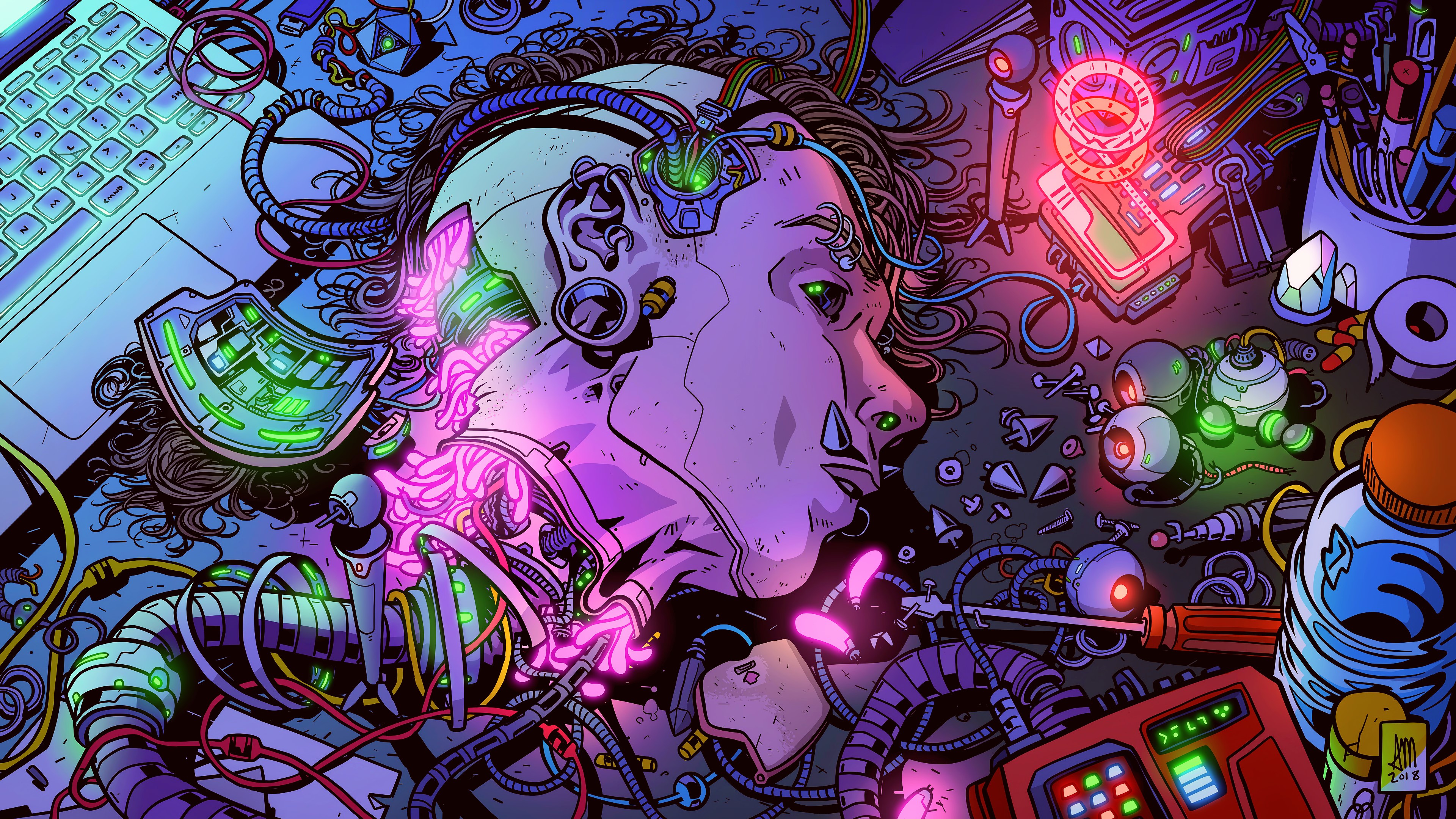 Cyberpunk character with cybernetic implants and tools HD Wallpaper