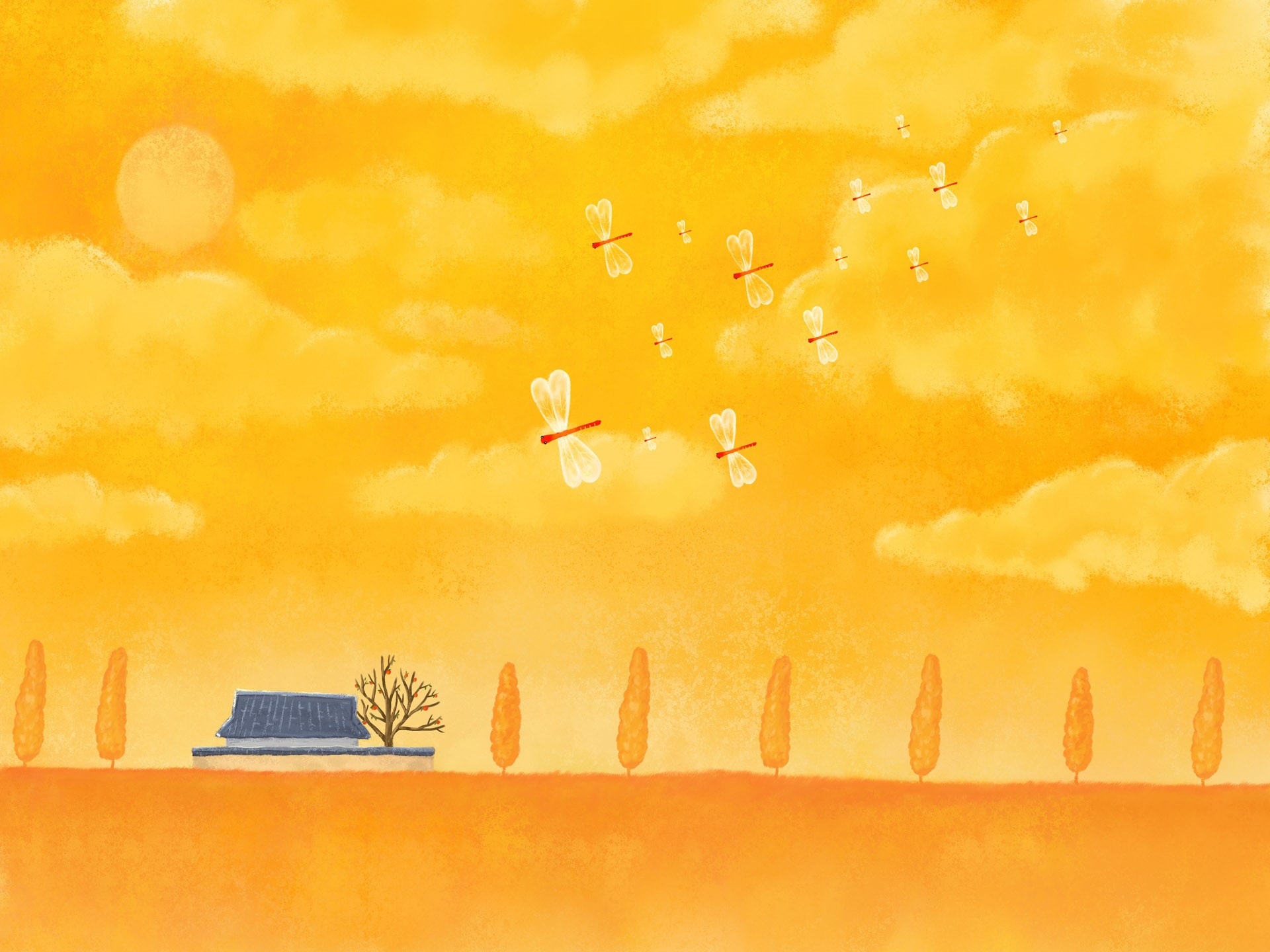 Yellow sky with clouds, dragonflies, and a house HD Wallpaper