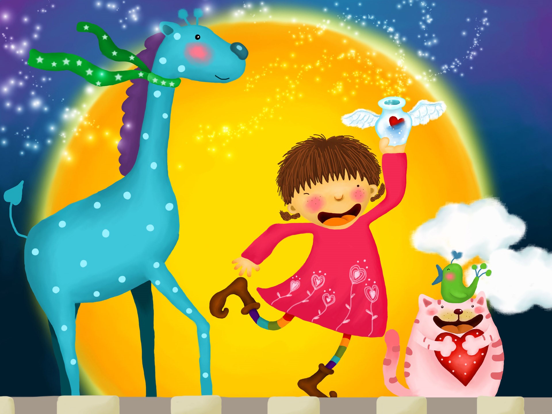 Girl with giraffe, cat, and bird in front of moon HD Wallpaper