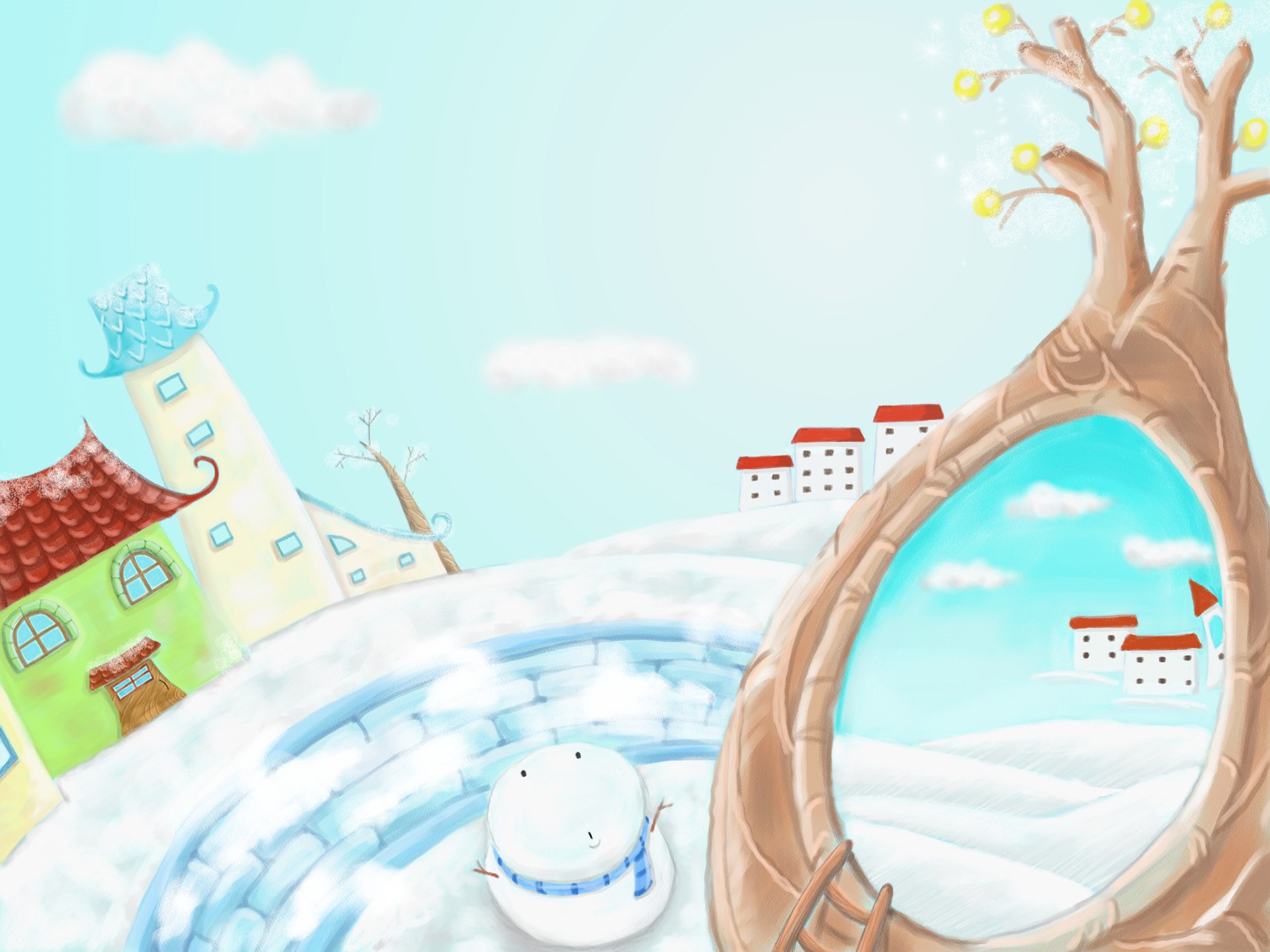 Whimsical winter village with a snowman and a large tree HD Wallpaper