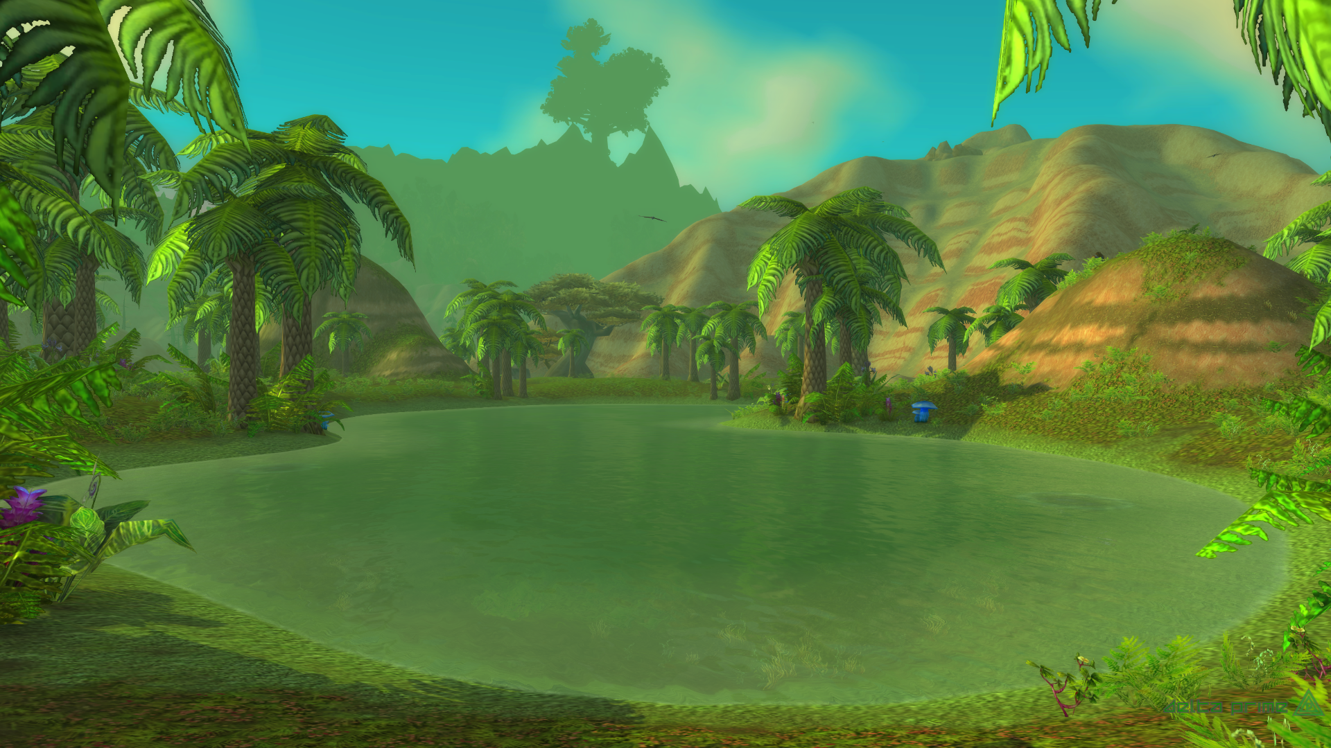 World of Warcraft screenshot of a tropical lake and mountains HD Wallpaper
