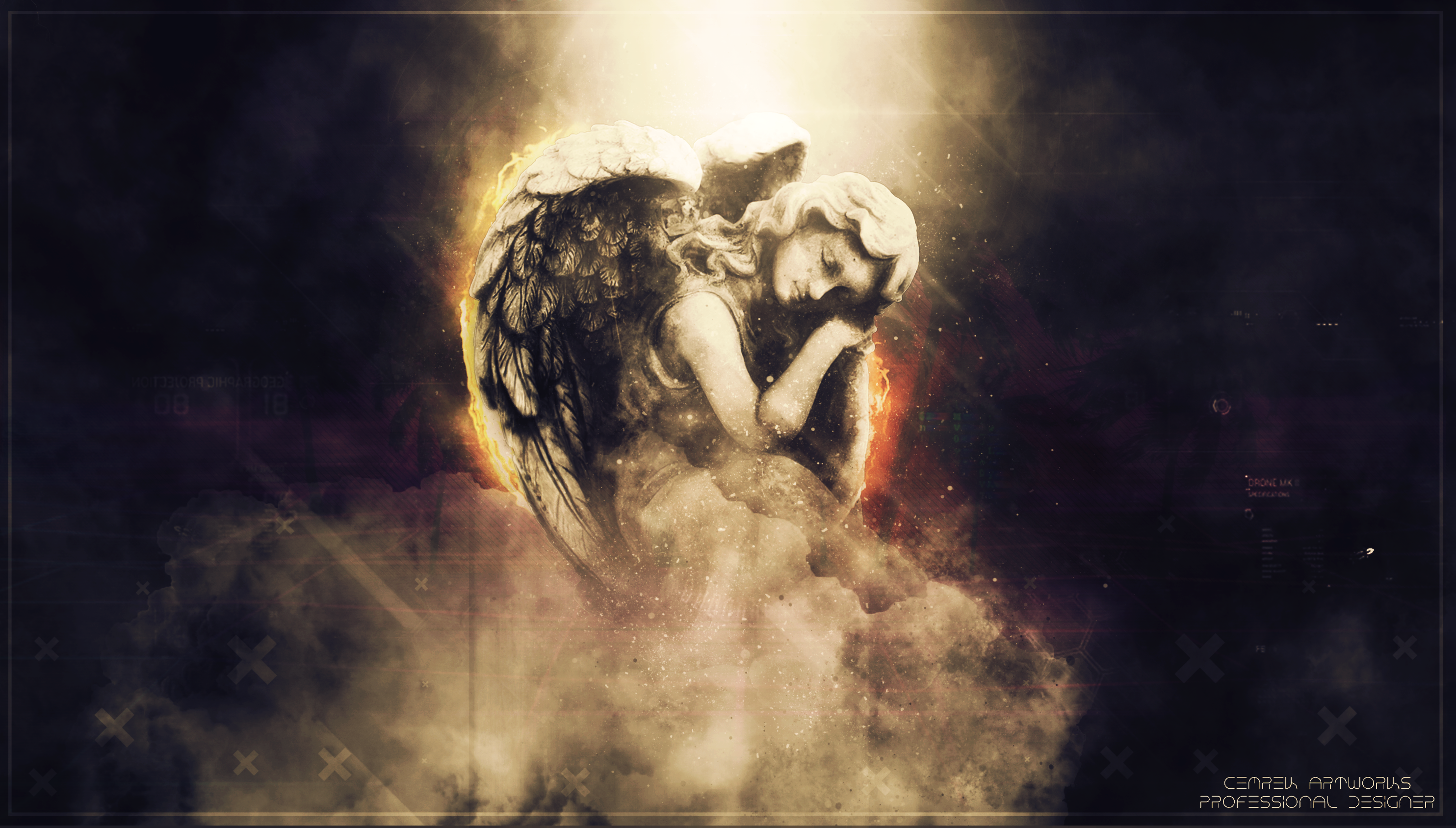 Angel sculpture with glowing wings and abstract background HD Wallpaper