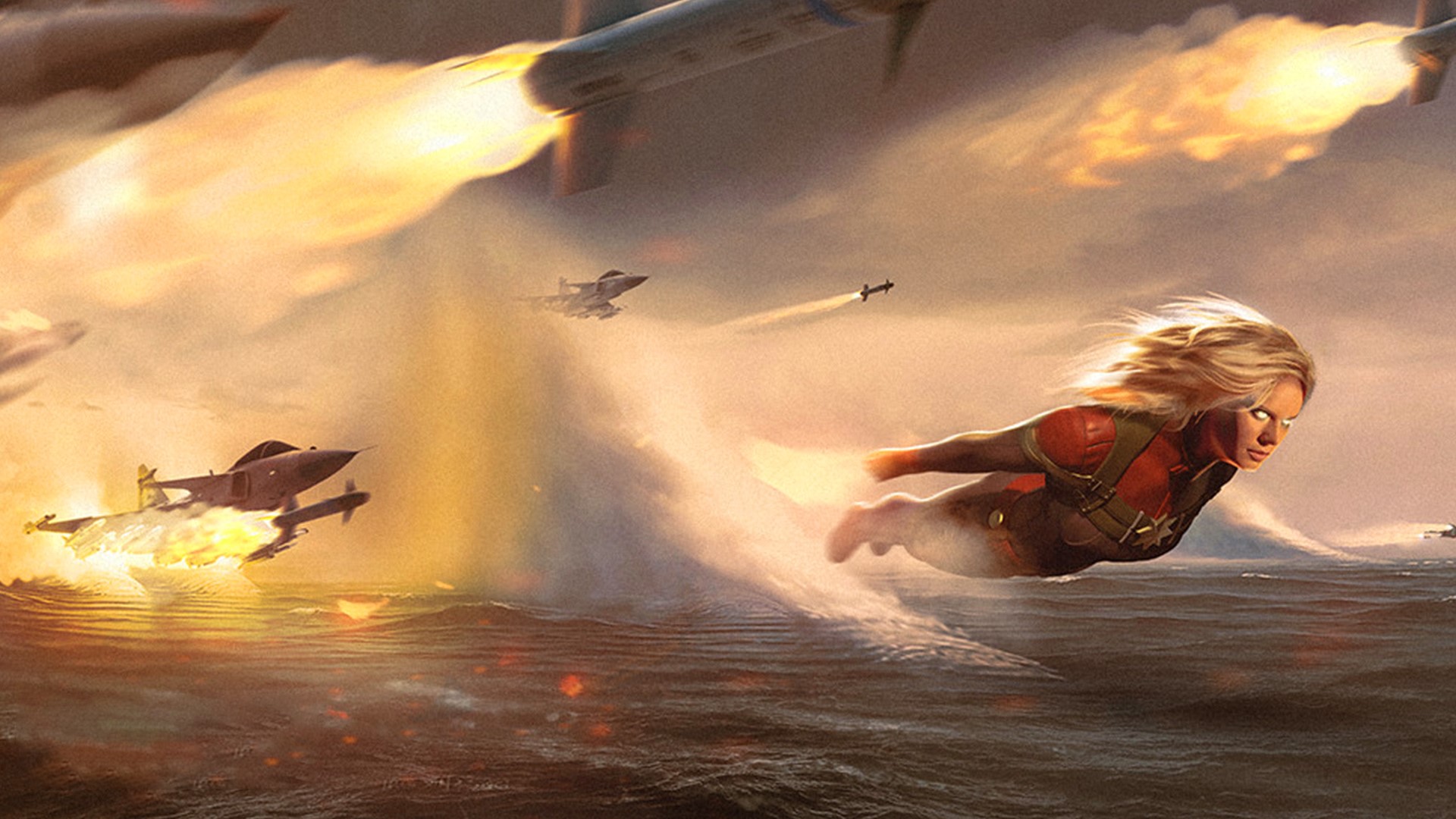Captain Marvel flying over the ocean with jets and missiles HD Wallpaper