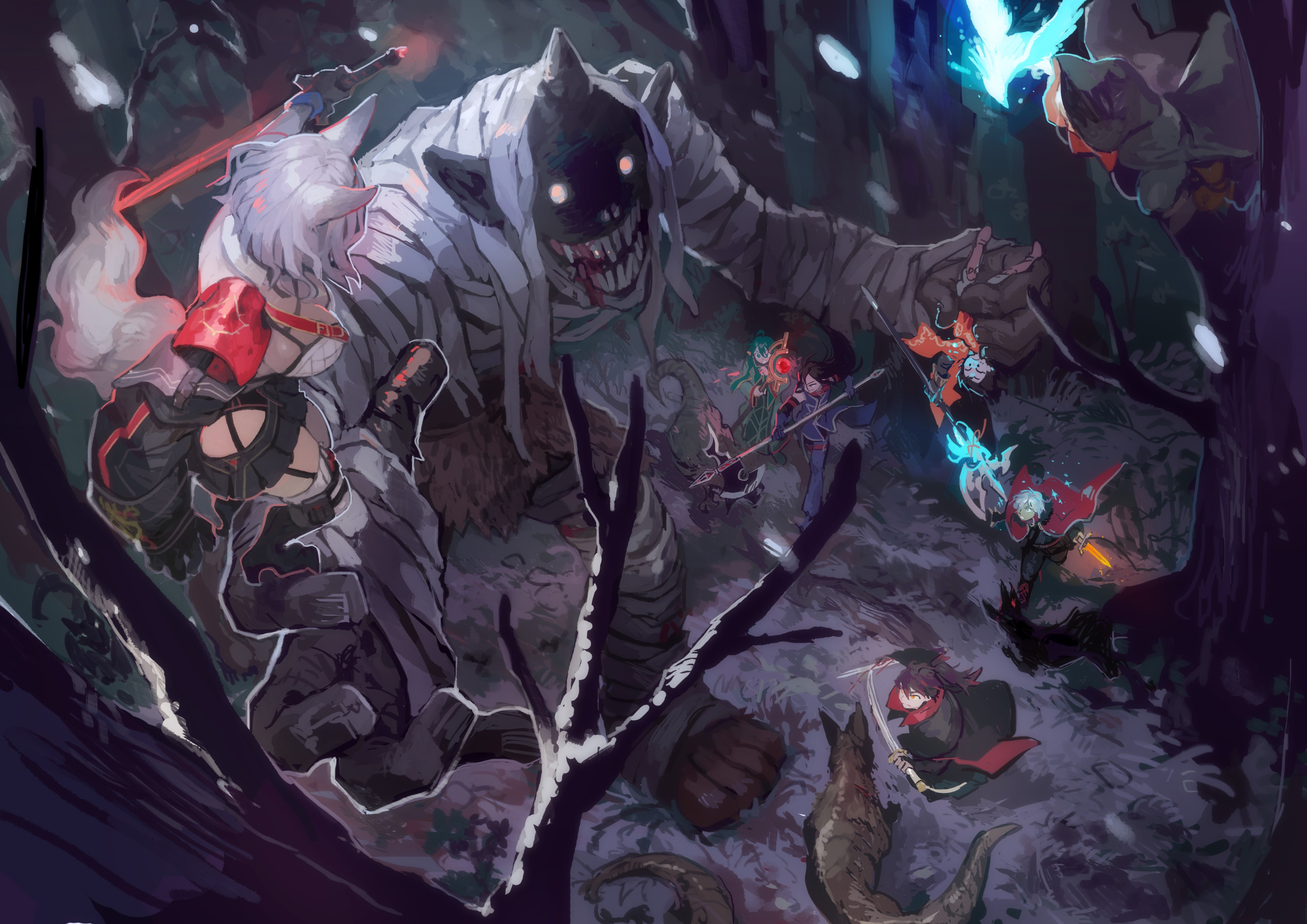 Fantasy characters fighting a monster in a forest HD Wallpaper