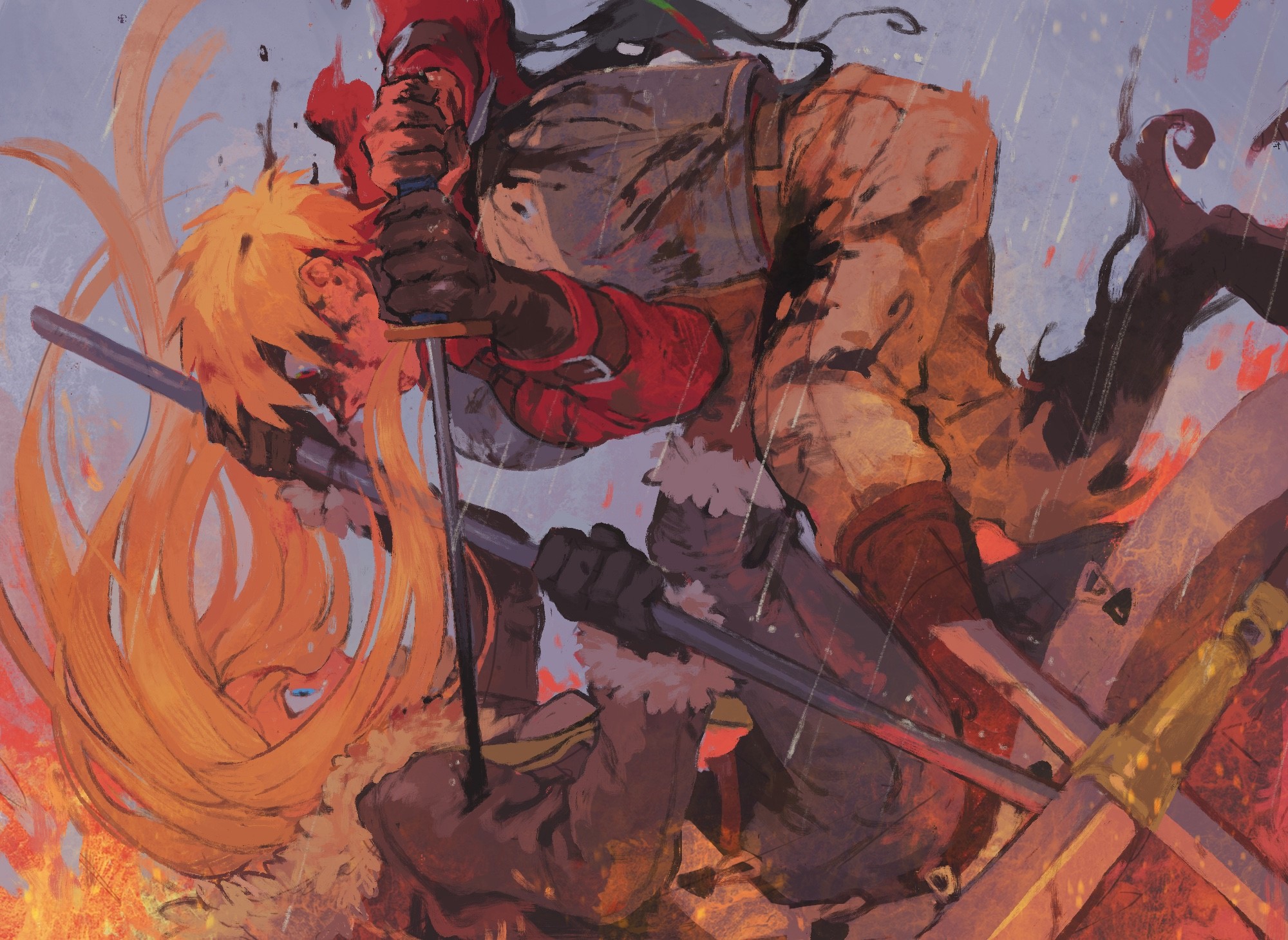 Fantasy art of two characters fighting with swords HD Wallpaper