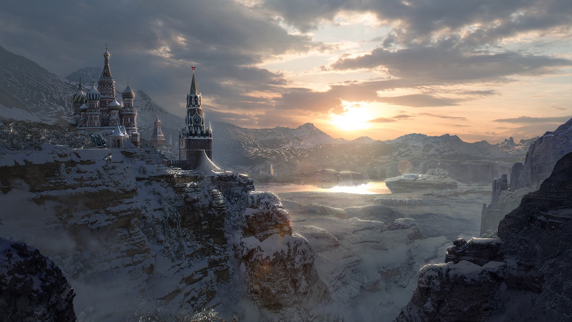 Fantasy winter landscape with Russian architecture HD Wallpaper