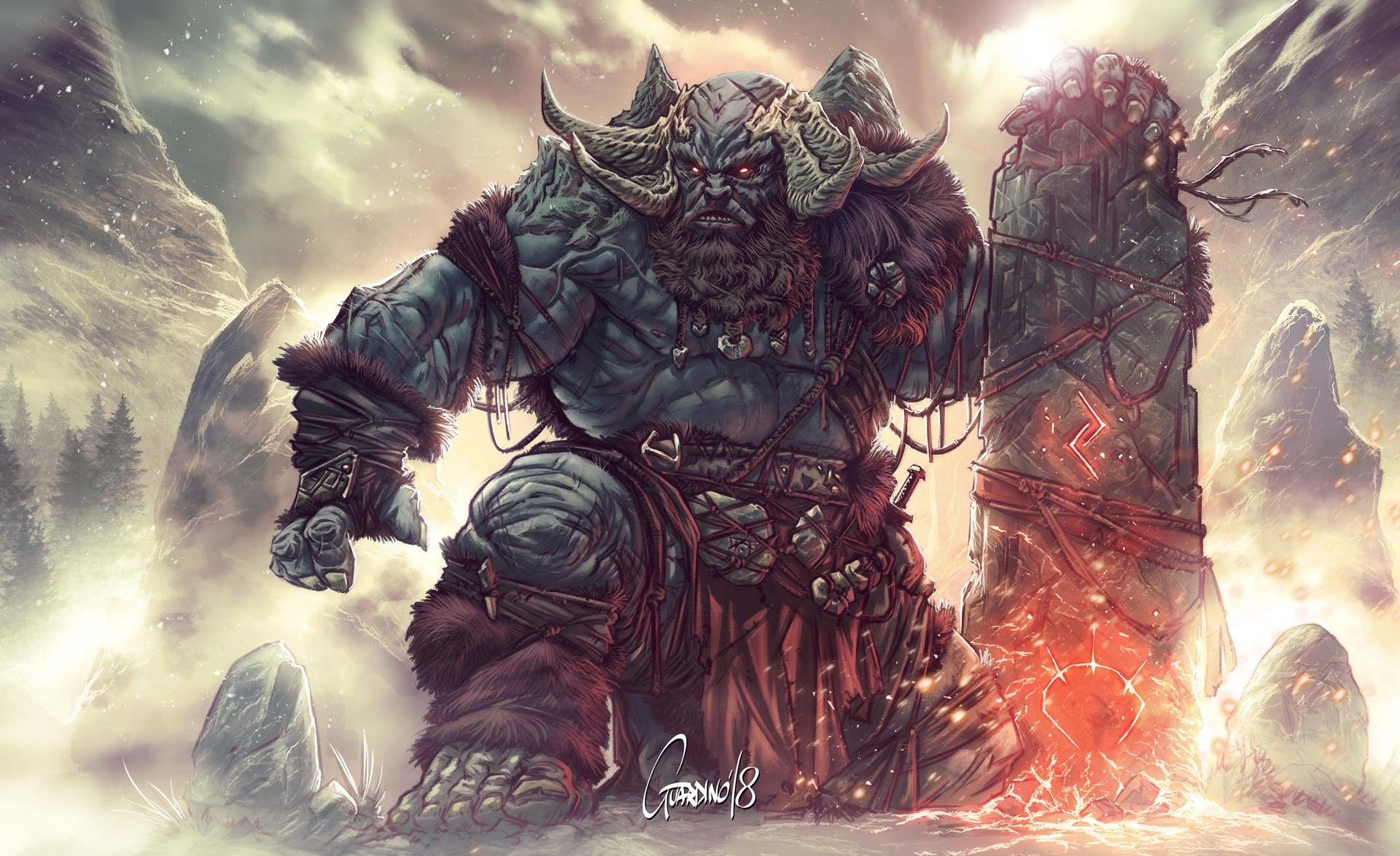 Giant warrior with horns and glowing eyes near a stone monolith HD Wallpaper