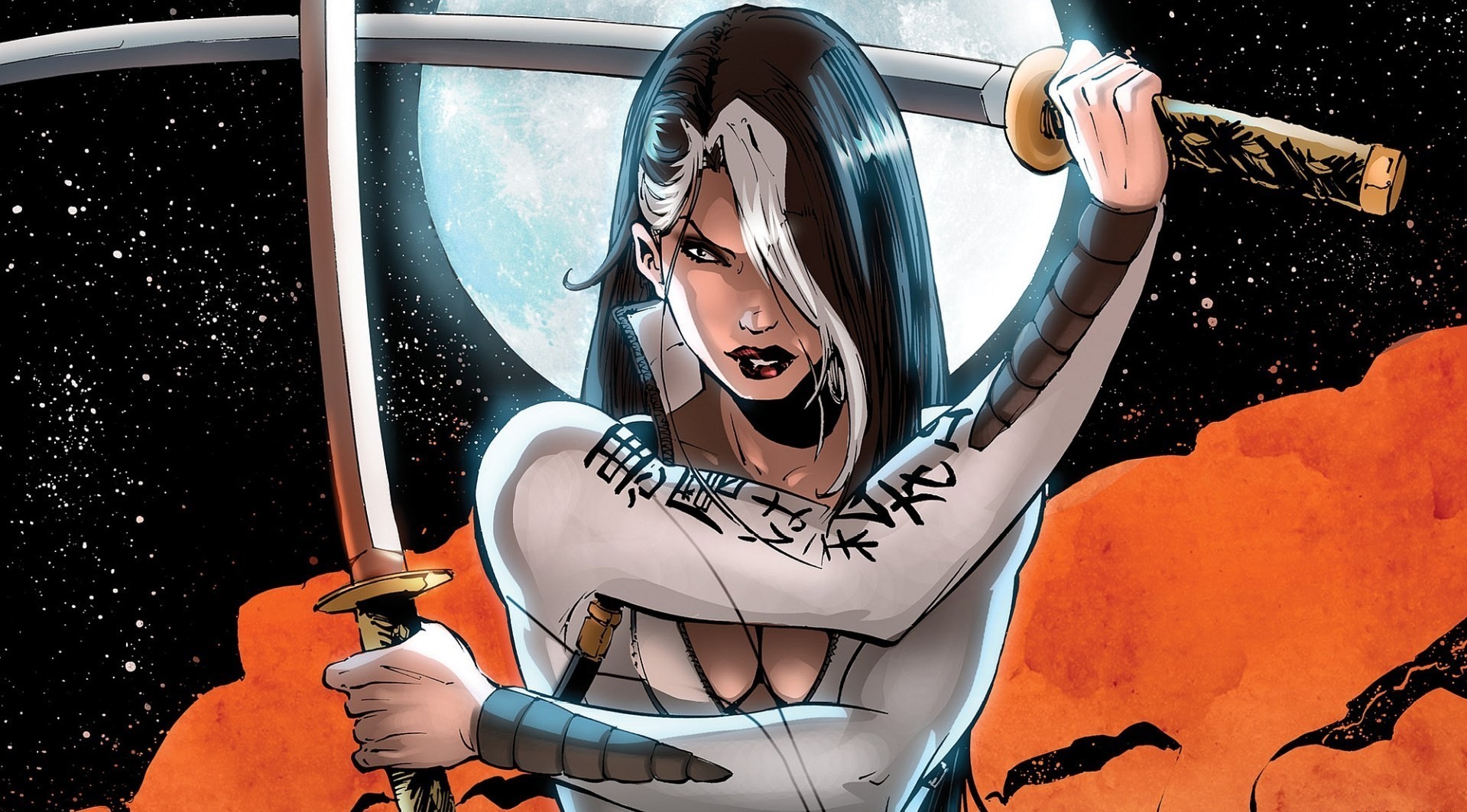 Fantasy girl with swords in space HD Wallpaper