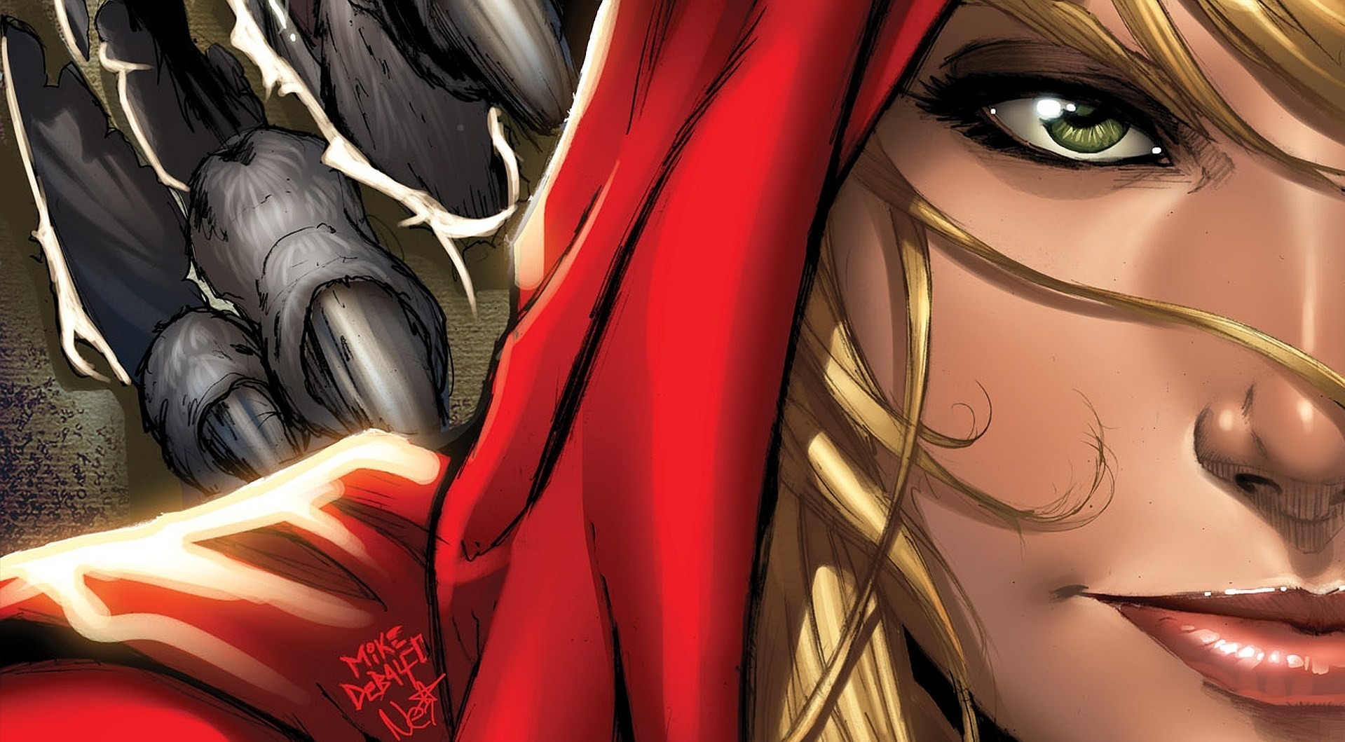 Close-up of a blonde woman with green eyes and a red hood HD Wallpaper