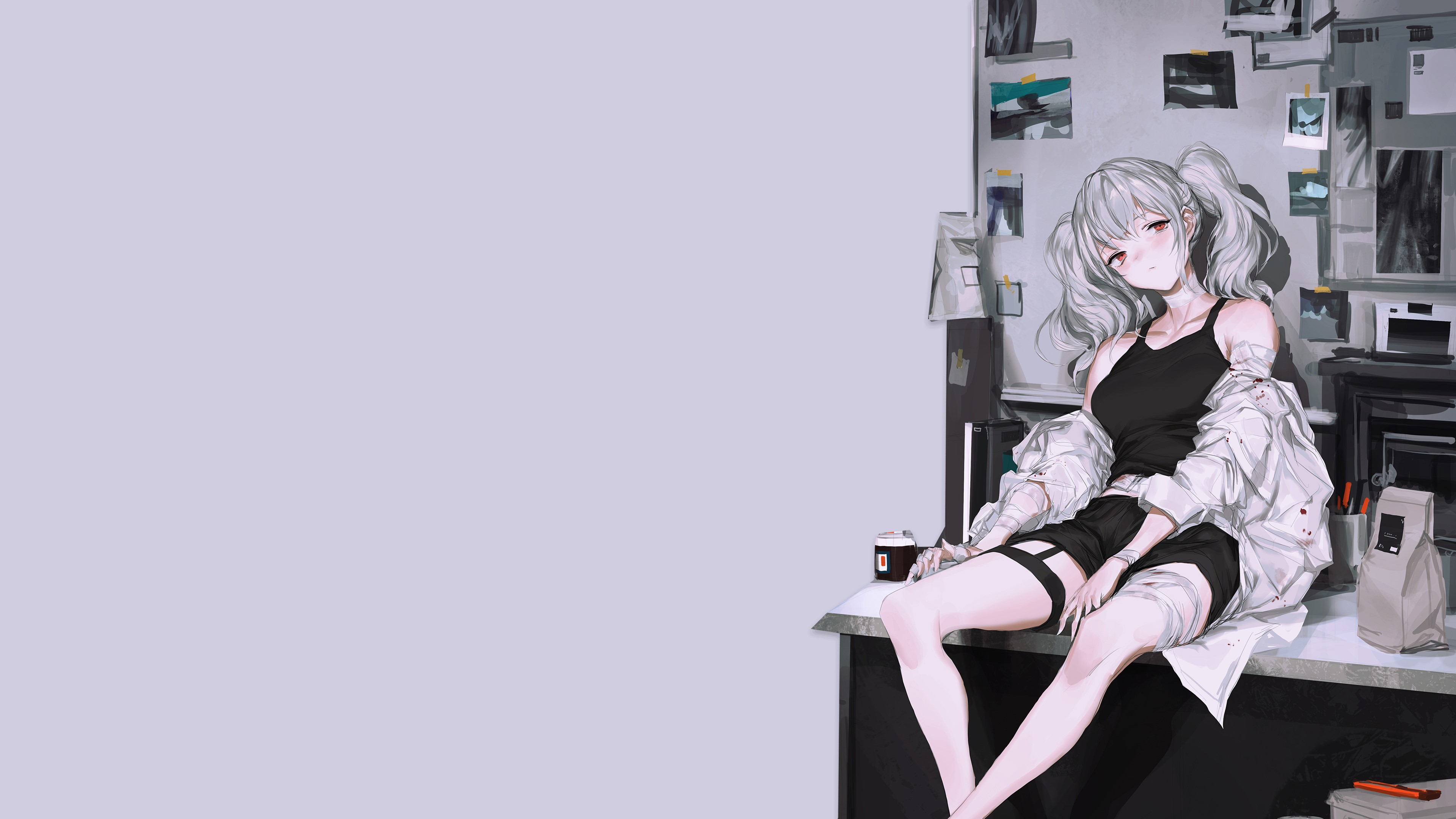 Anime girl with white hair and red eyes sitting at a desk HD Wallpaper