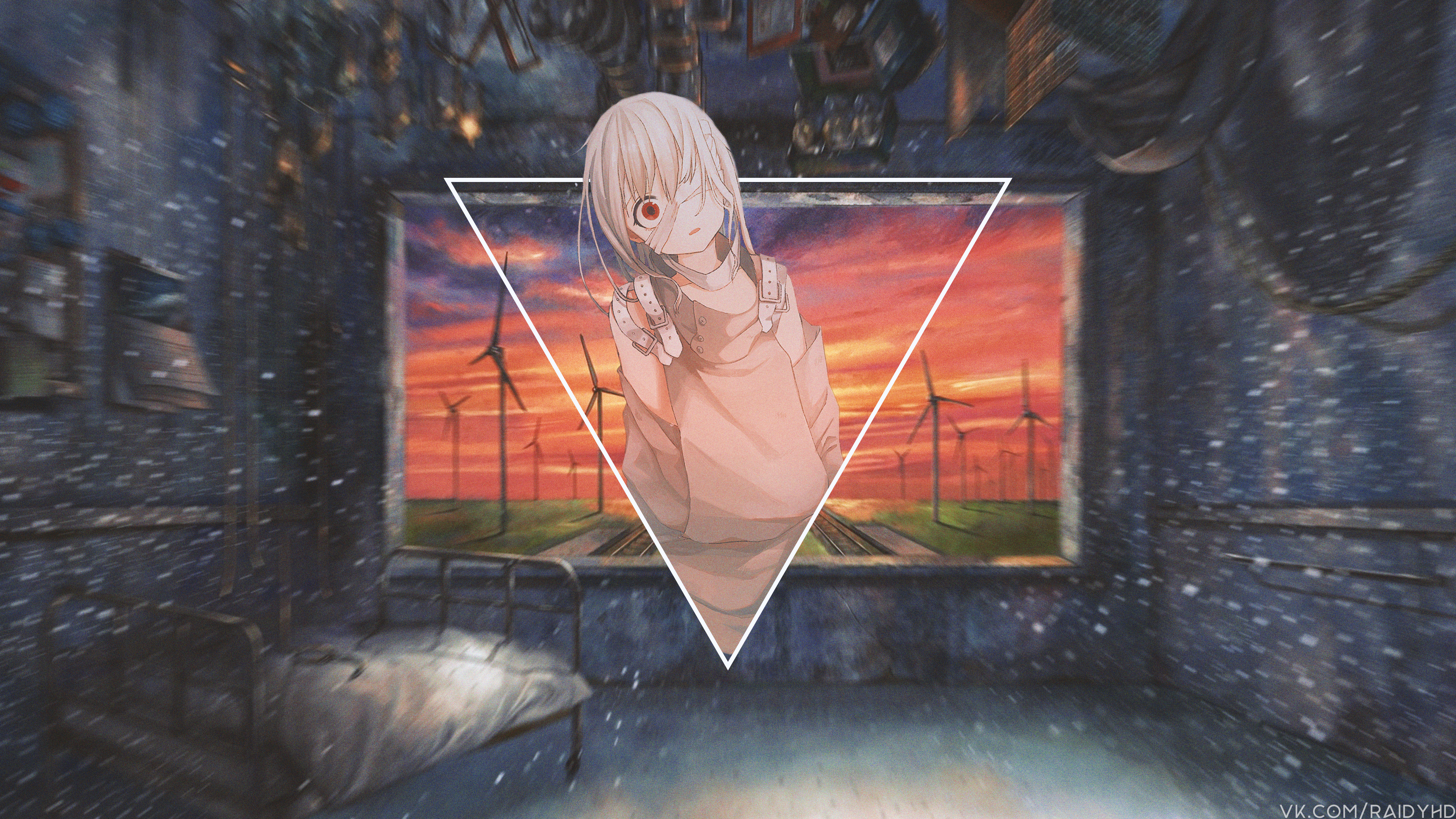 Anime girl with eyepatch in front of windmills HD Wallpaper