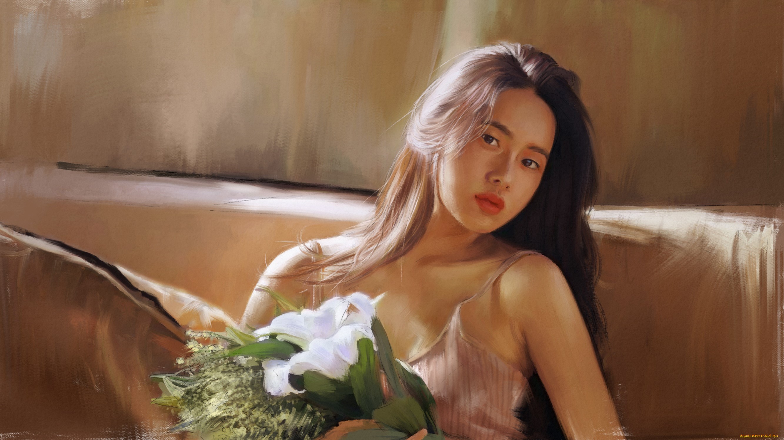 Artwork of an Asian woman holding flowers HD Wallpaper