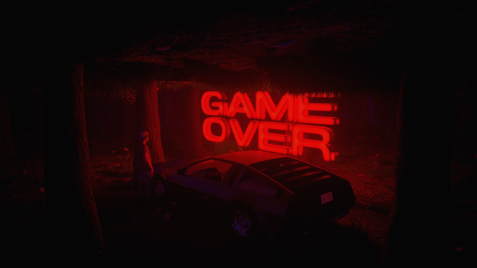 Game Over neon sign above a DeLorean car HD Wallpaper