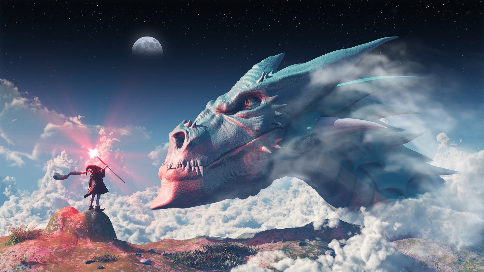 Wizard confronts a giant dragon in the clouds HD Wallpaper