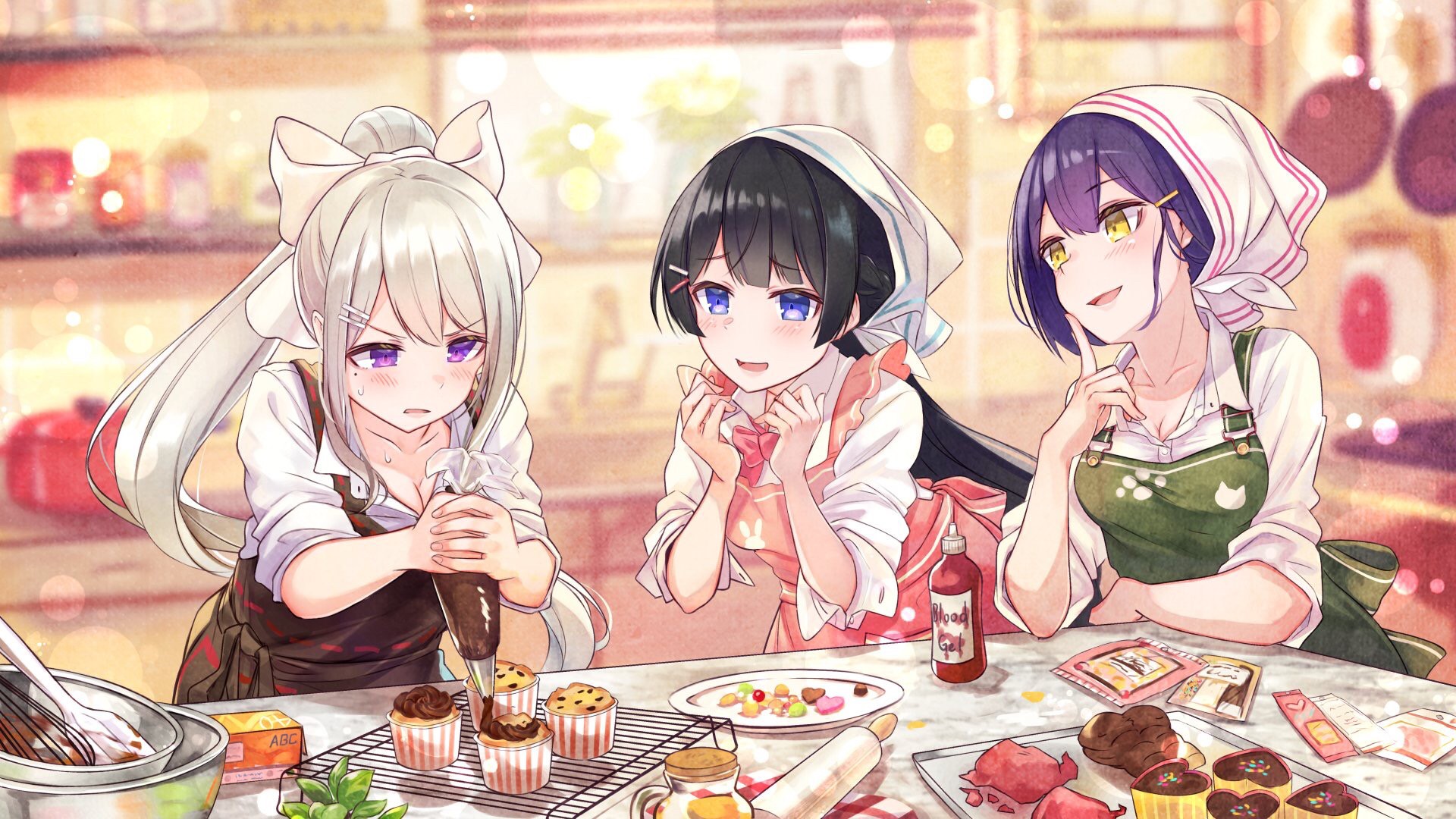 Tsukino Mito, Higuchi Kaede, and Rin Shizuka baking HD Wallpaper