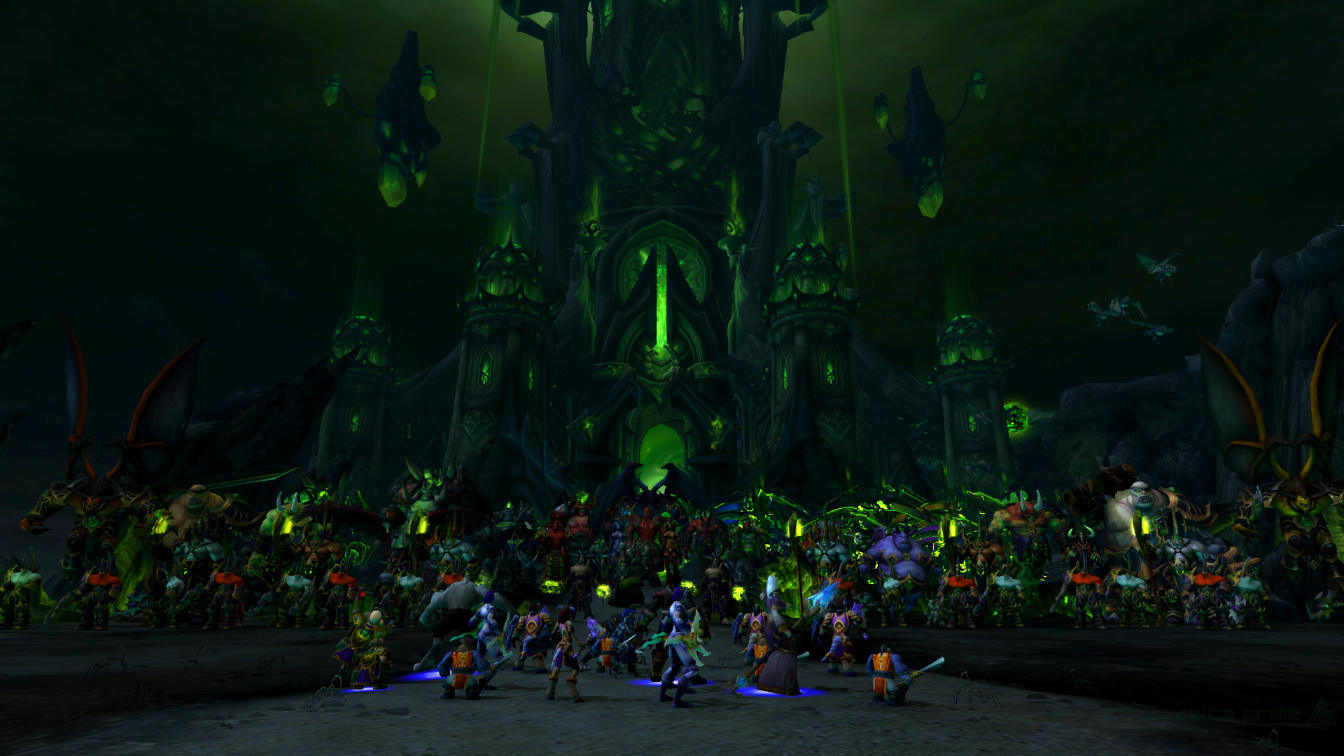 World of Warcraft: Legion characters in front of a dark fortress HD Wallpaper