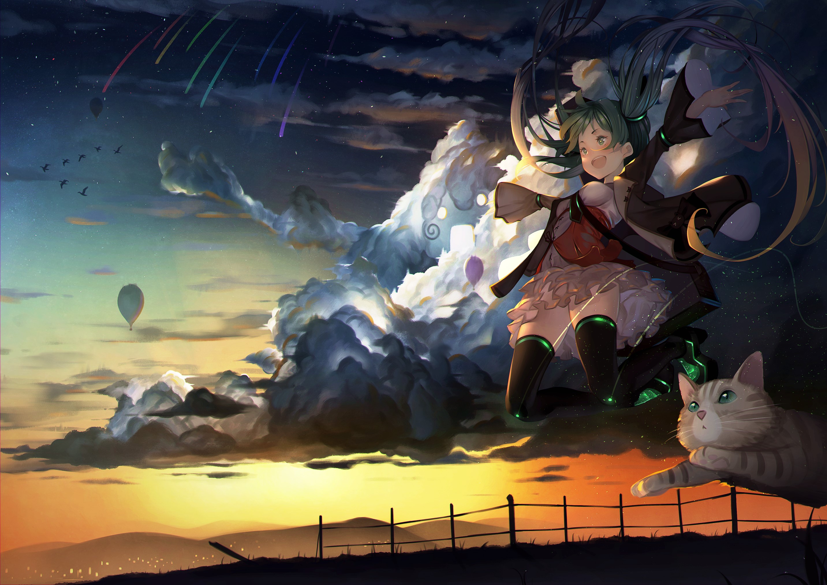 Hatsune Miku jumping in clouds with a cat at sunset HD Wallpaper