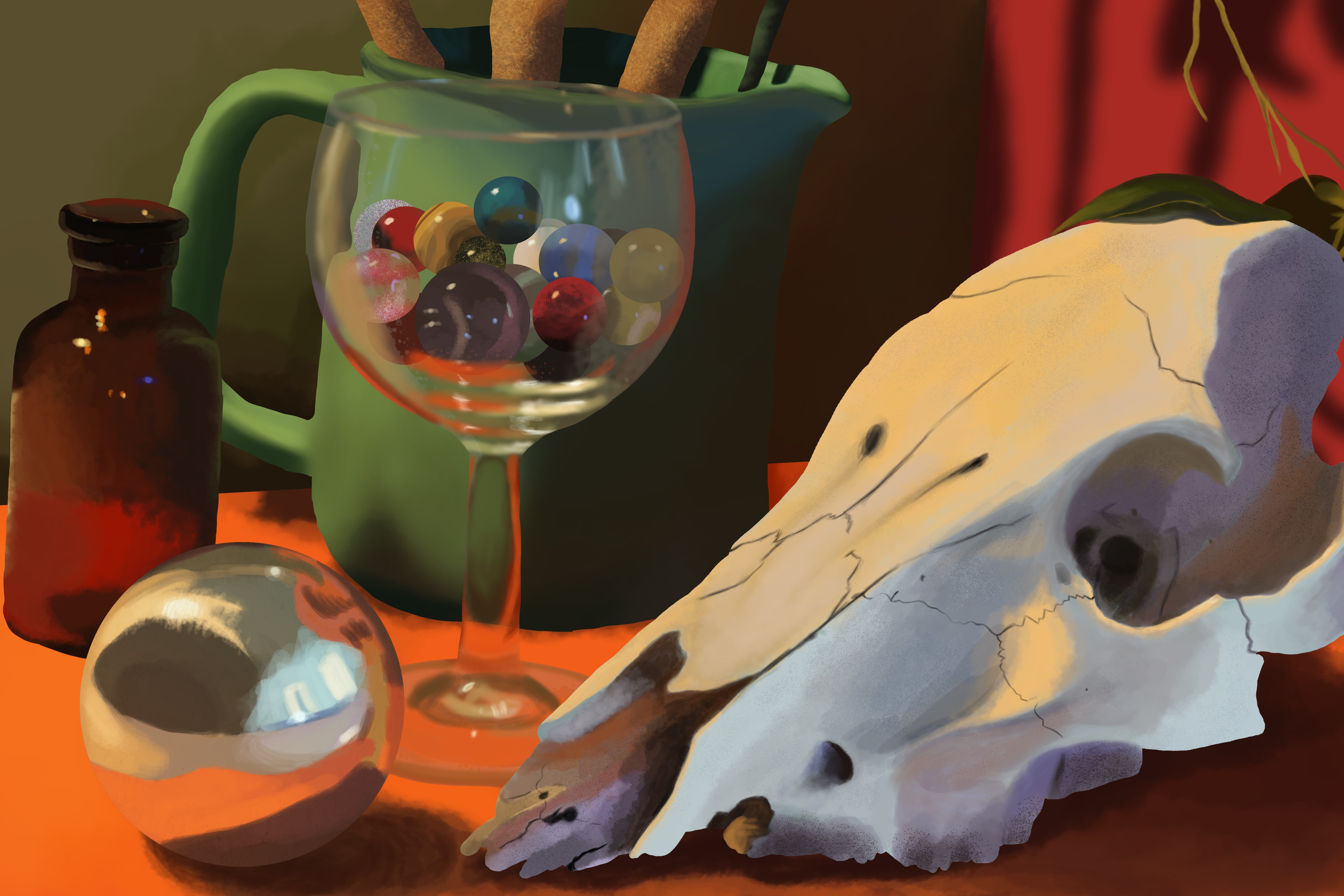 4K digital painting of a still life with skull and marbles HD Wallpaper