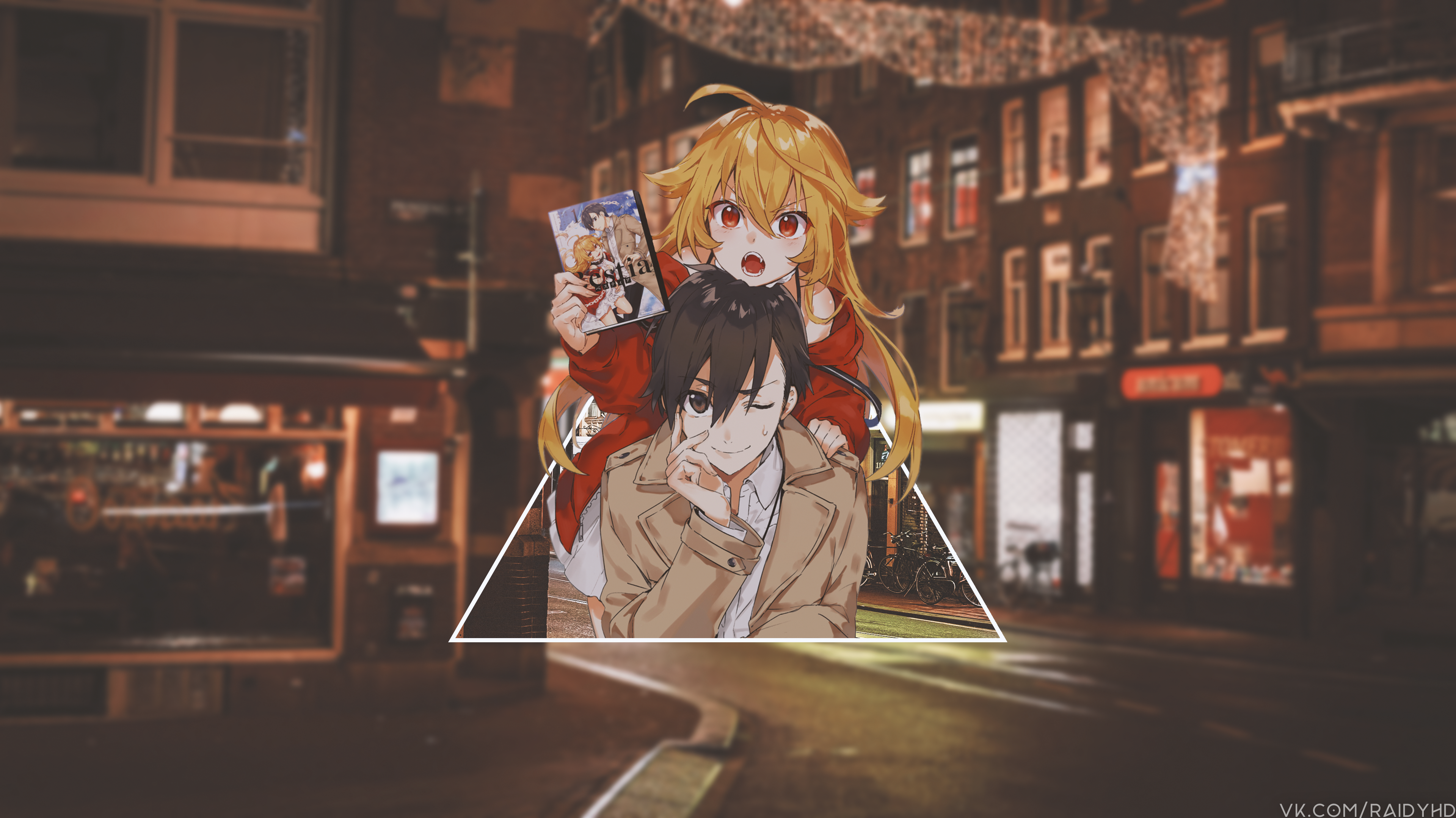 Anime characters holding a book in front of a city street HD Wallpaper