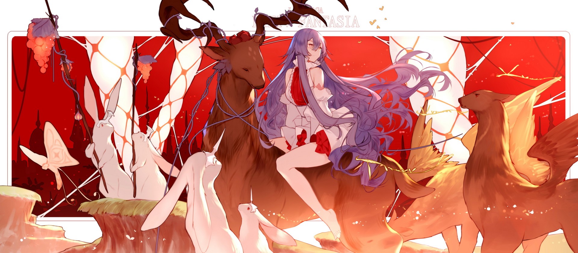Pixiv Fantasia: Girl with Purple Hair and Mythical Creatures HD Wallpaper