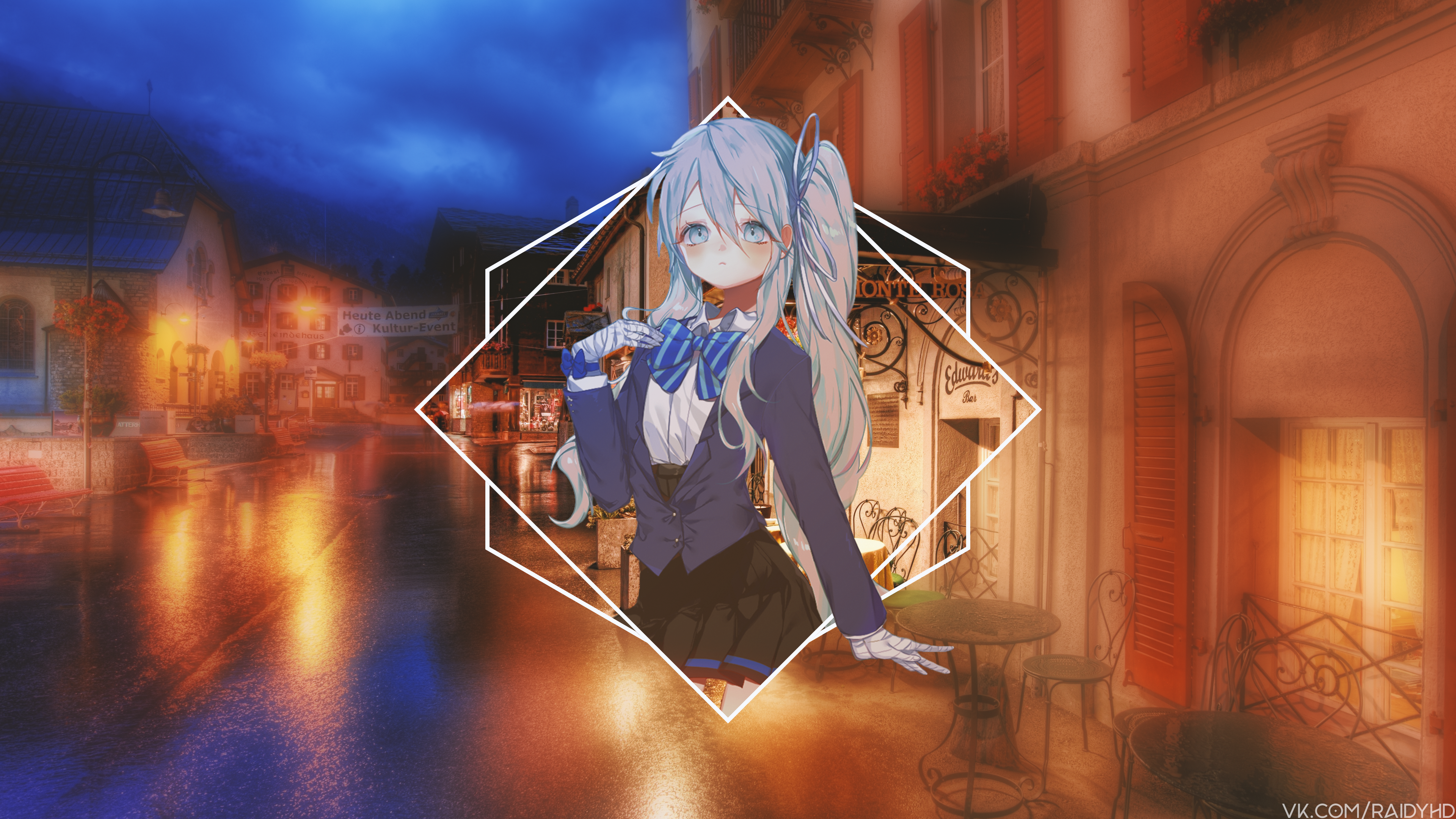 Anime girl in uniform on a European street at night HD Wallpaper