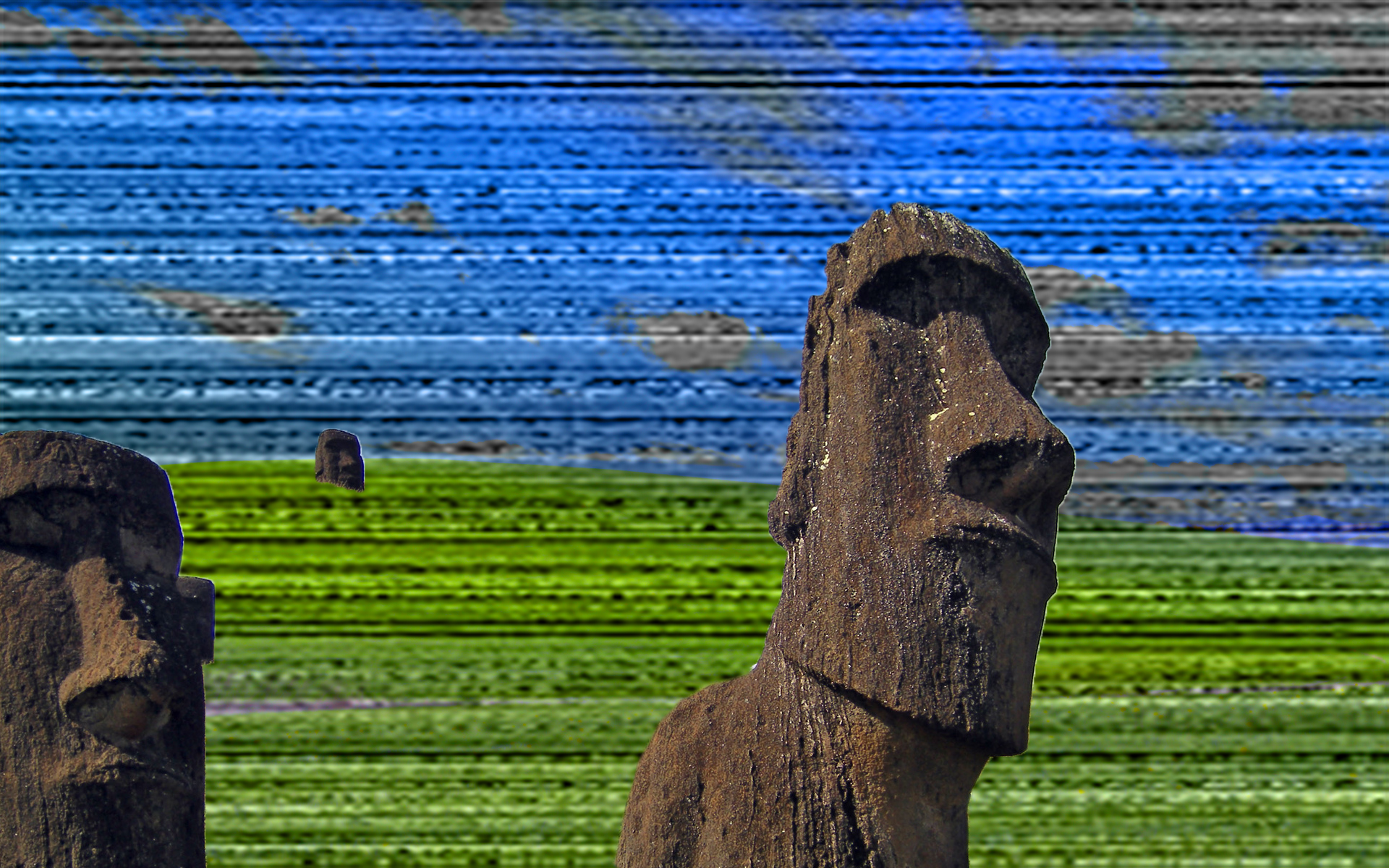 Glitch art Moai statues on Easter Island HD Wallpaper