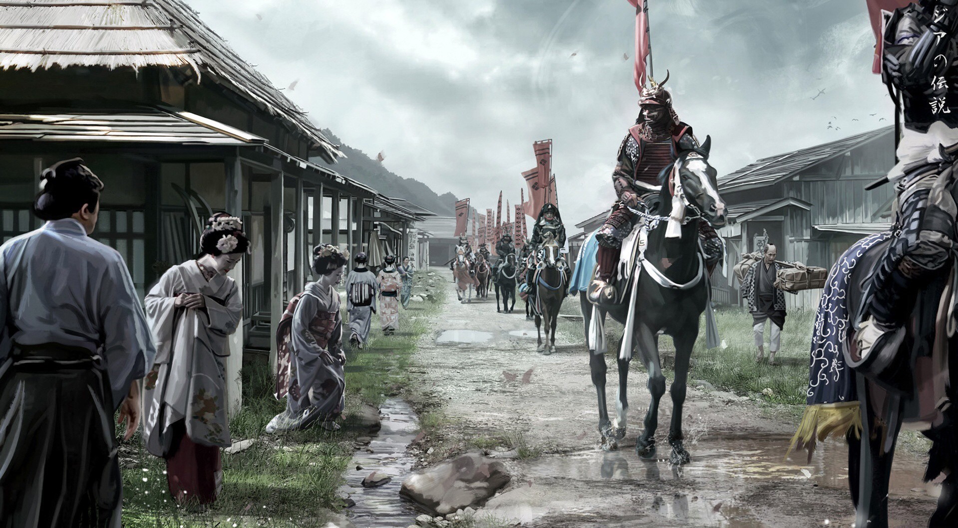 Samurai procession in a Japanese village HD Wallpaper