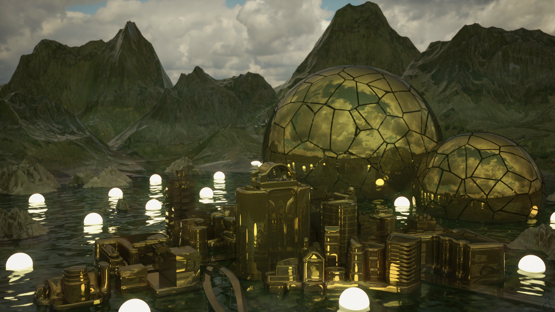 Abstract gold city with spheres and mountains HD Wallpaper