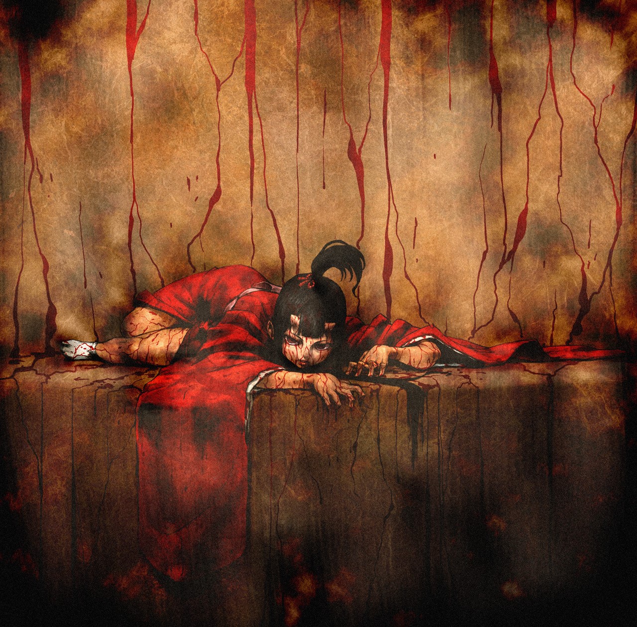 Anime girl with horns covered in blood HD Wallpaper